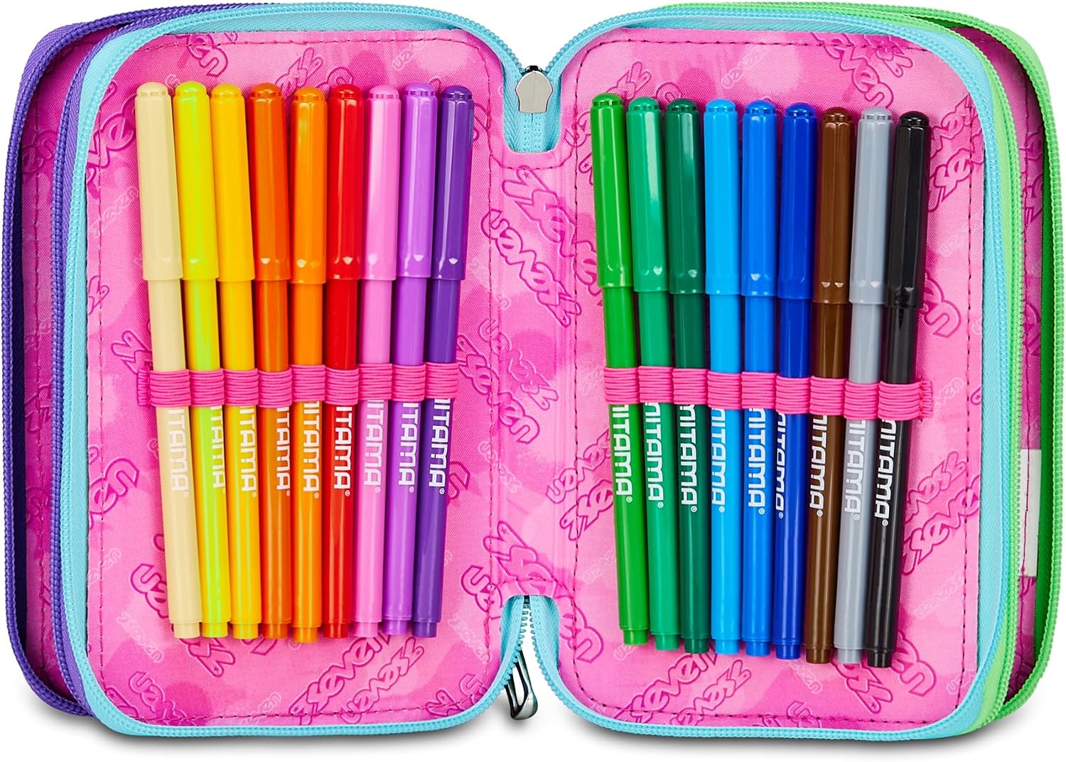 Detalle de Seven Astuccio Scuola Elementare a 3 scomparti con Zip blu/viola – tutto l’occorrente a portata di mano