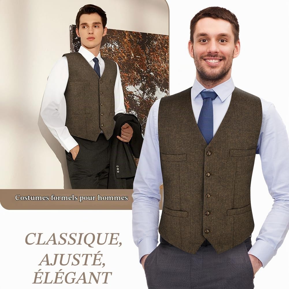 Detalle de AUYAO tweed herenvest met visgraatmotief, V-hals en knoopsluiting