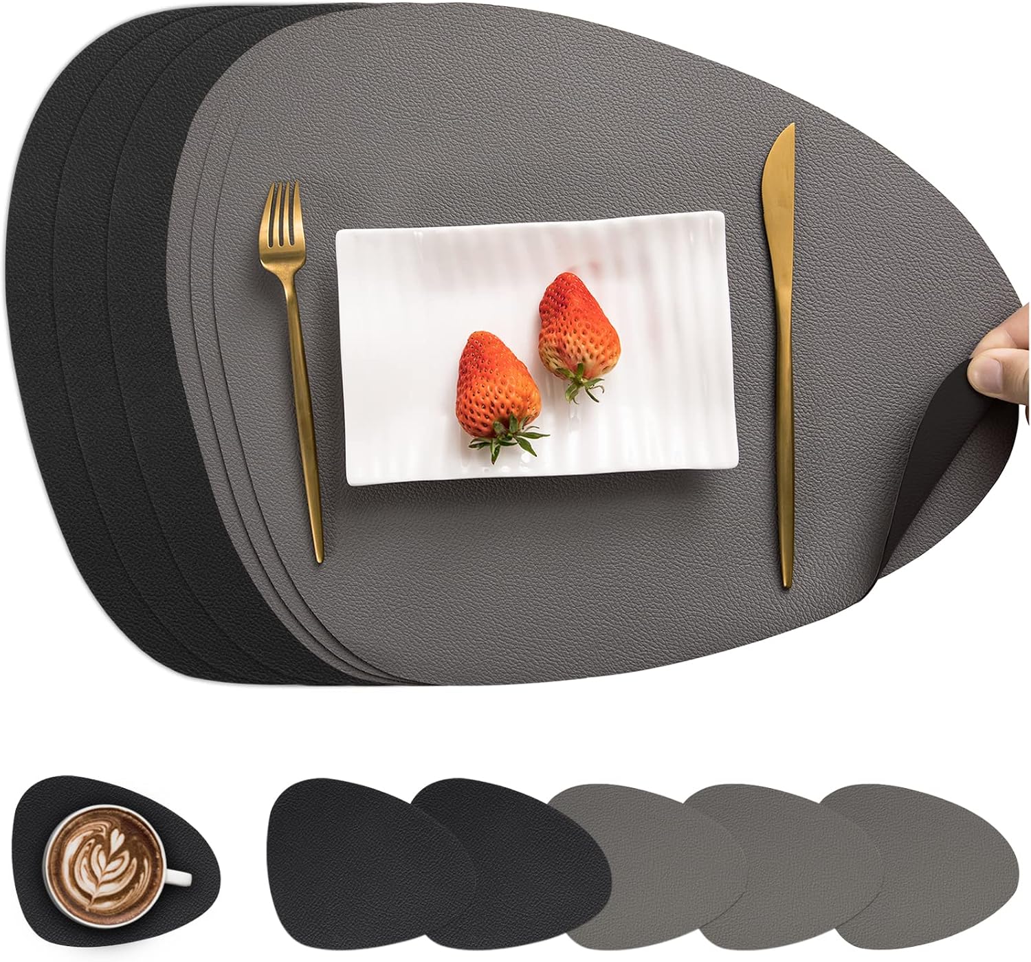 Myir JUN Tischsets aus Kunstleder im Doppel-Design (Grau/Schwarz) & passende Untersetzer – Set mit 6