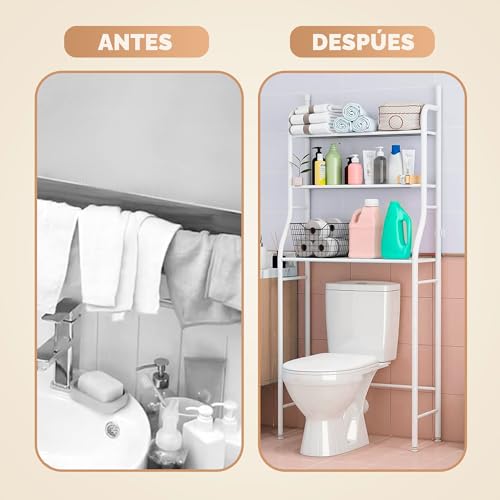 Detalle de JUPPLIES Estantería Baño sobre Inodoro (47×26×153 cm) – Mueble auxiliar de 3 niveles en metal blanco