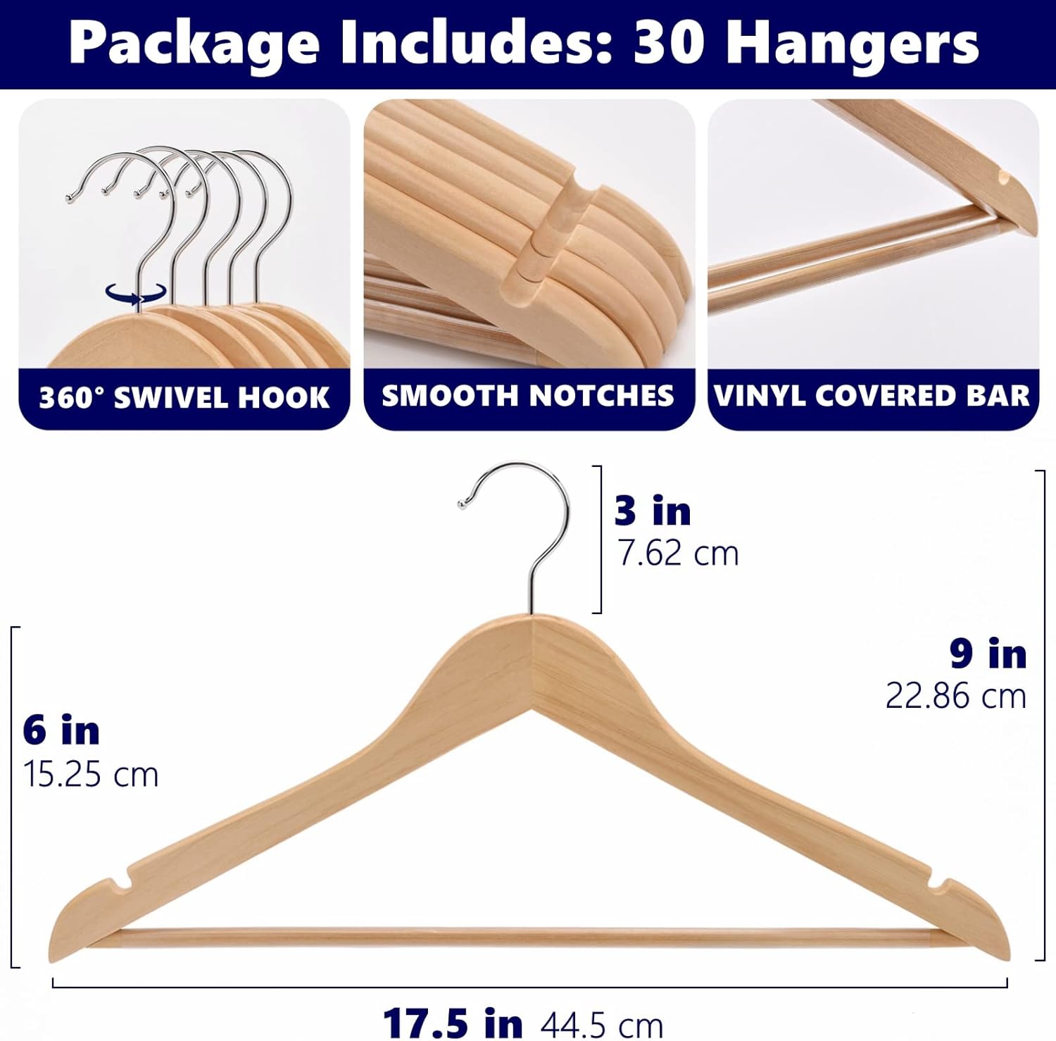 Thumbnail 1 de Amber Home 30 Wooden Coat Hangers with Non-Slip Bar