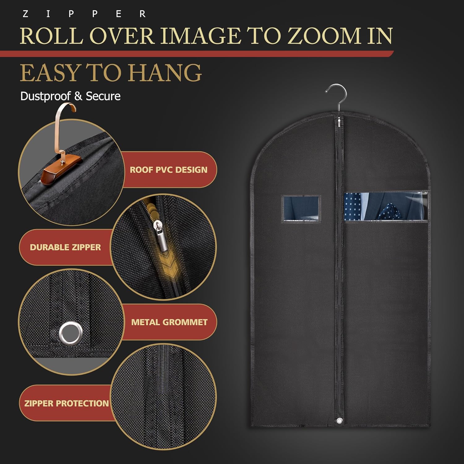 Thumbnail 1 de Hleelomi 5-Pack 40-inch Suit Bag Garment Bag with Zipper & Clear Window (Black)