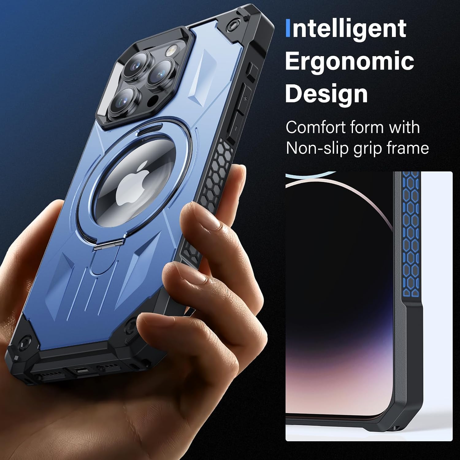Detalle de Sibada Hülle für iPhone 15 Plus – Blau mit verdecktem Metall Kreisständer und Logo sichtbar