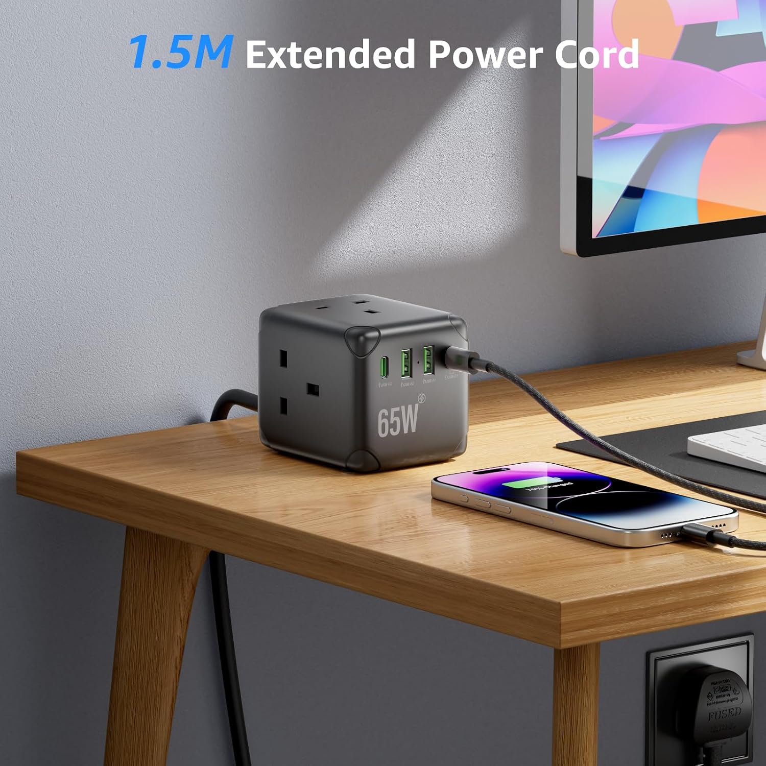 Thumbnail 6 de Cube Extension Lead with USB C PD65W 3 Way Power Strip ⚡