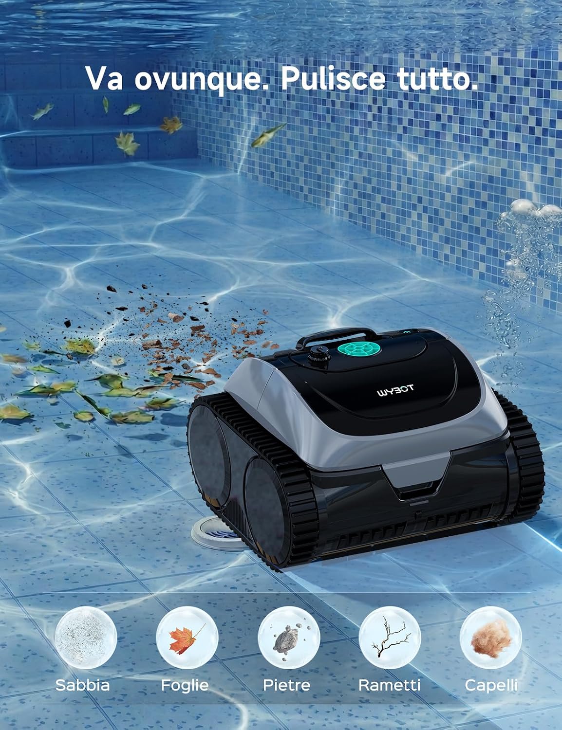 Detalle de WYBOT C1-P: Robot piscina senza fili 4-in-1 per piscine fuori terra, NAV+ App, 155 m²
