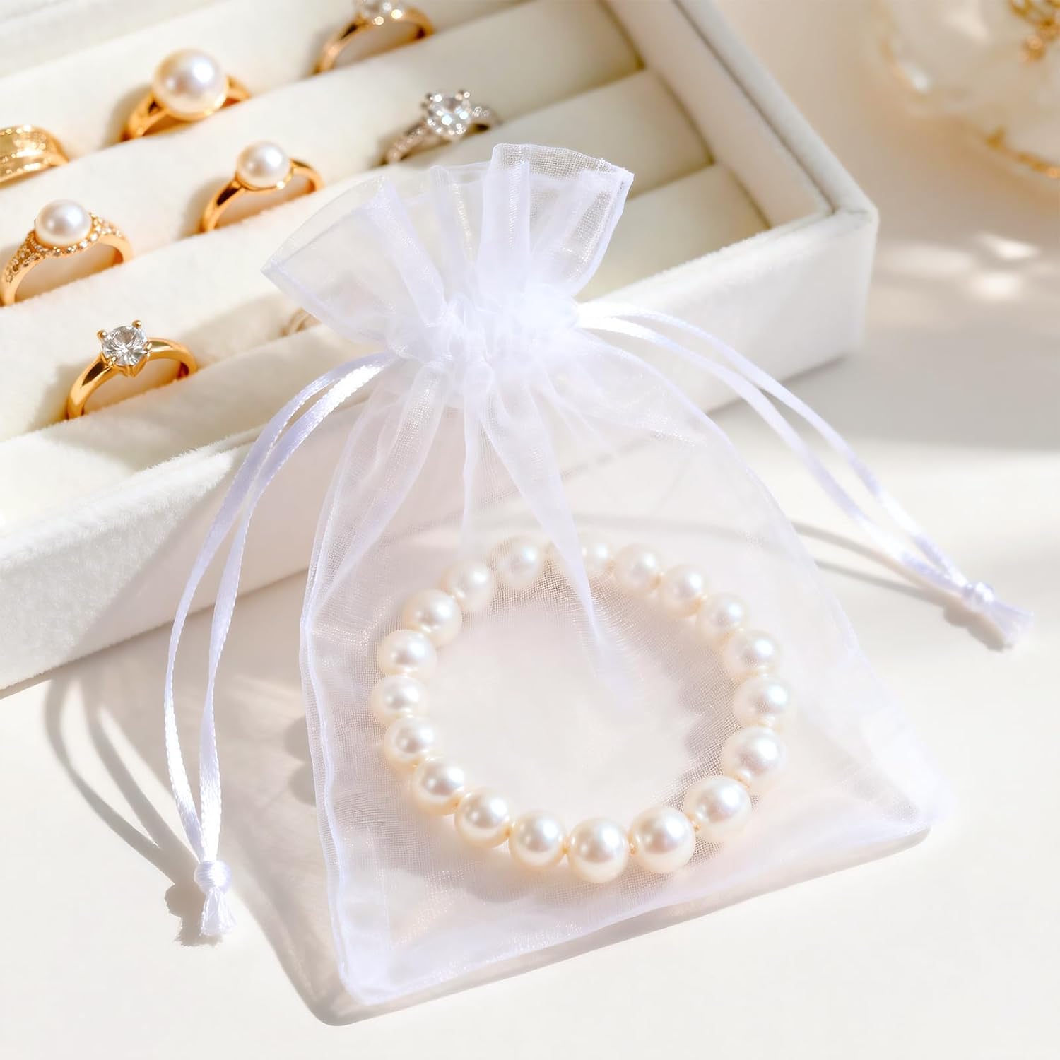 Detalle 2 de G2PLUS 100 Stück Weiß Organza-Säckchen 10x15 cm – Geschenkbeutel mit Kordelzug
