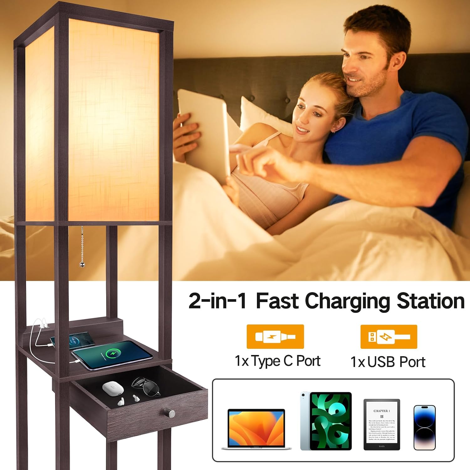 Thumbnail 2 de OUTON Shelf Floor Lamp with Drawer: 165cm of Storage, USB-C Ports and Warm to Daylight LED