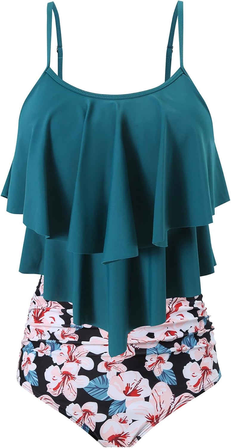 Detalle de FLYILY Femmes Two-Pièces Tankini Taille Haute à Volants et Ruché
