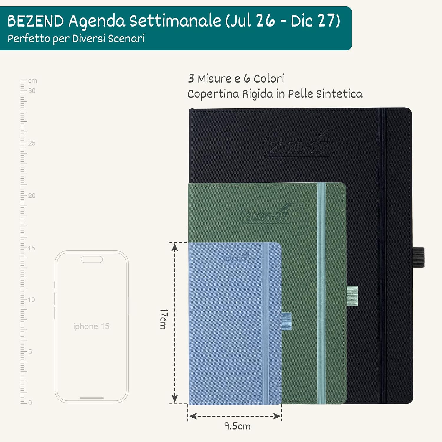 Detalle de BEZEND Agenda 2026/2027 Settimanale Tascabile, 18 mesi - Orizzontale, 17x9.5 cm, Copertina in Pelle PU Viola