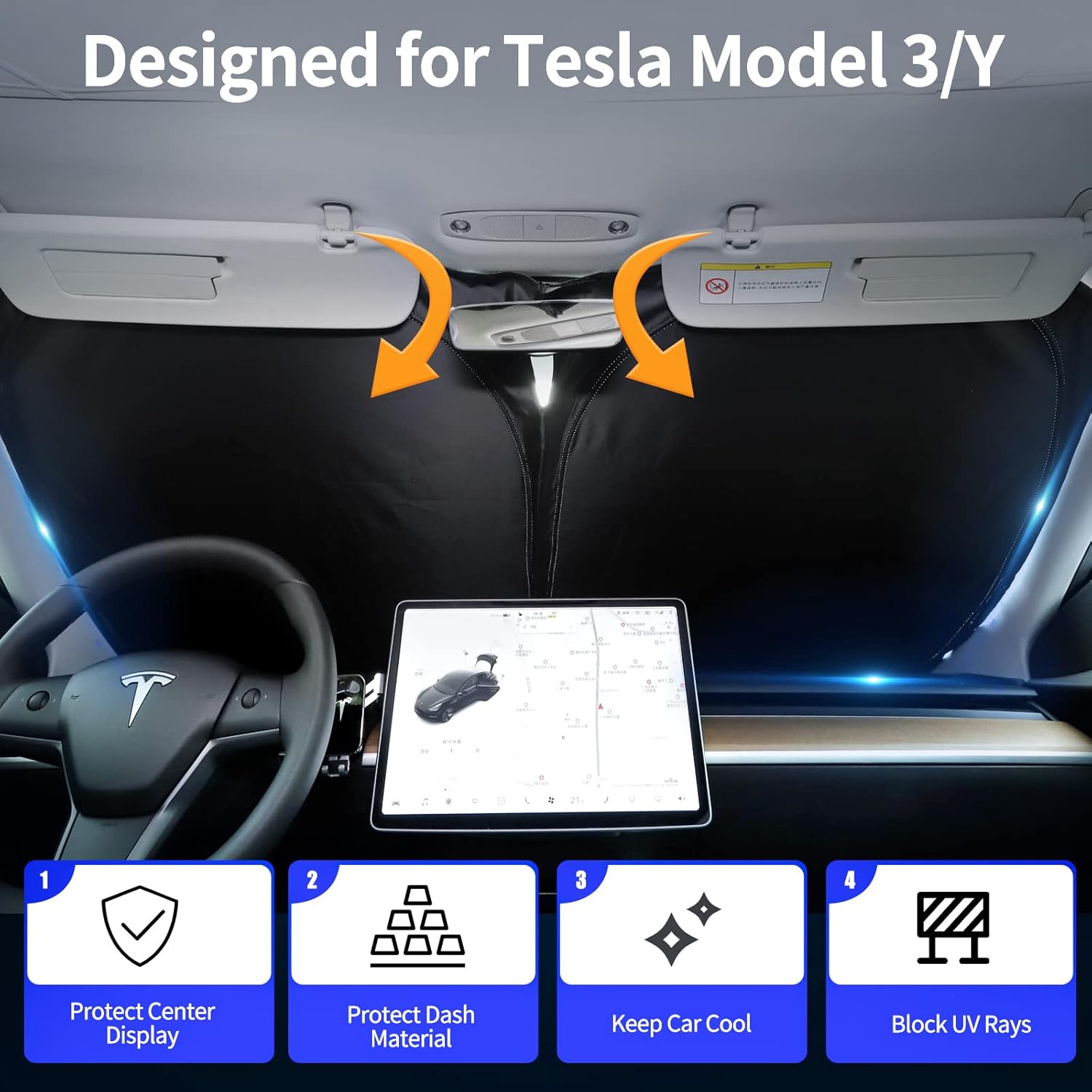 Thumbnail 1 de Chirano faltbarer Sonnenschutz für Tesla Model 3 / Y (2026-Upgrade) – Frontscheibe, doppellagig & lichtundurchlässig
