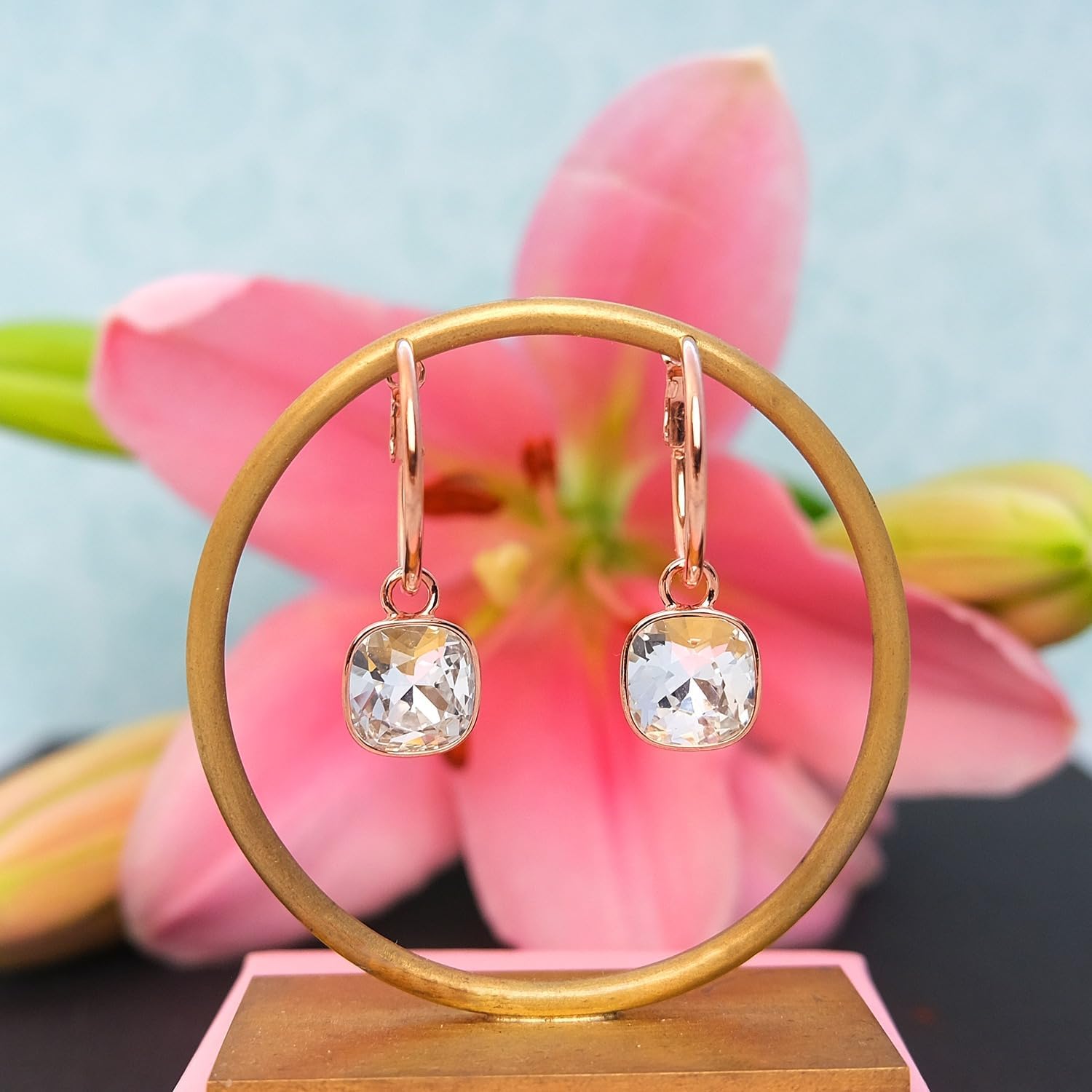 Detalle de Rosegold Creolen mit Anhänger – 925 Sterling Silber, Rosegold-Auflage & Marken Kristalle