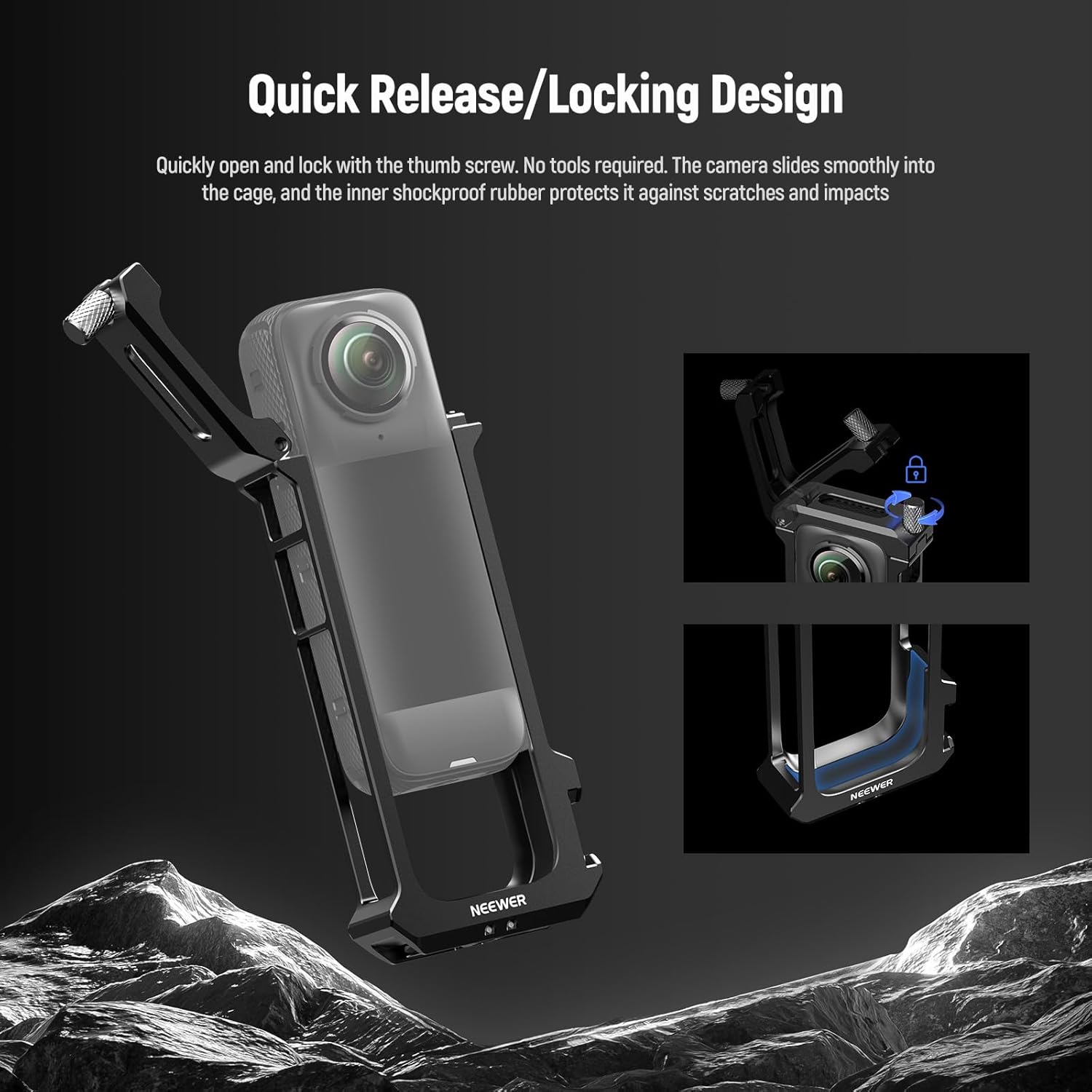 Thumbnail 1 de NEEWER Camera Cage for Insta360 X4 — aluminium rig with quick release, 1/4" threads and lens cap