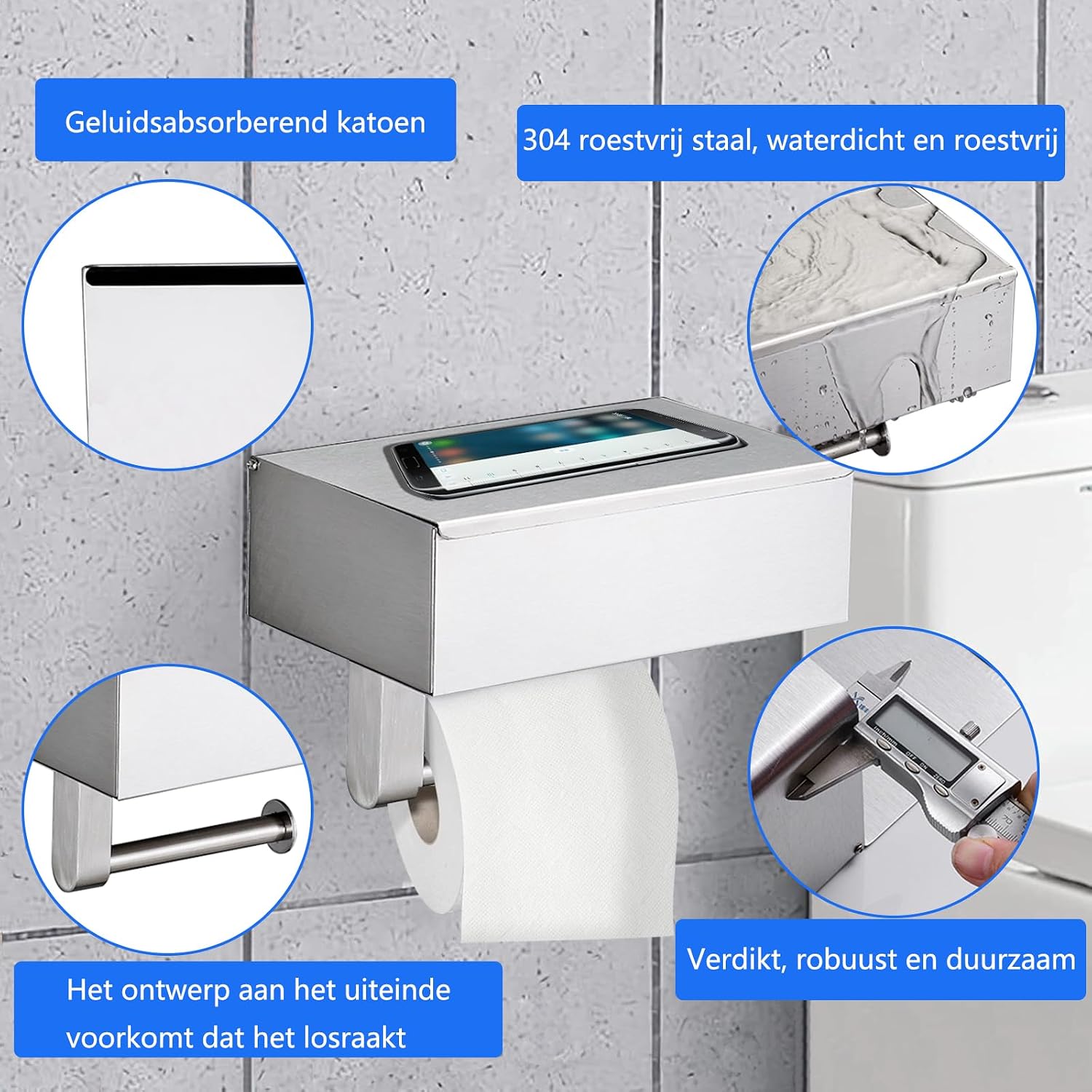 Detalle 2 de GUIGUZI GGZ-SUS304-Y toiletrolhouder met vochtige doekjesbox, zilverkleurig