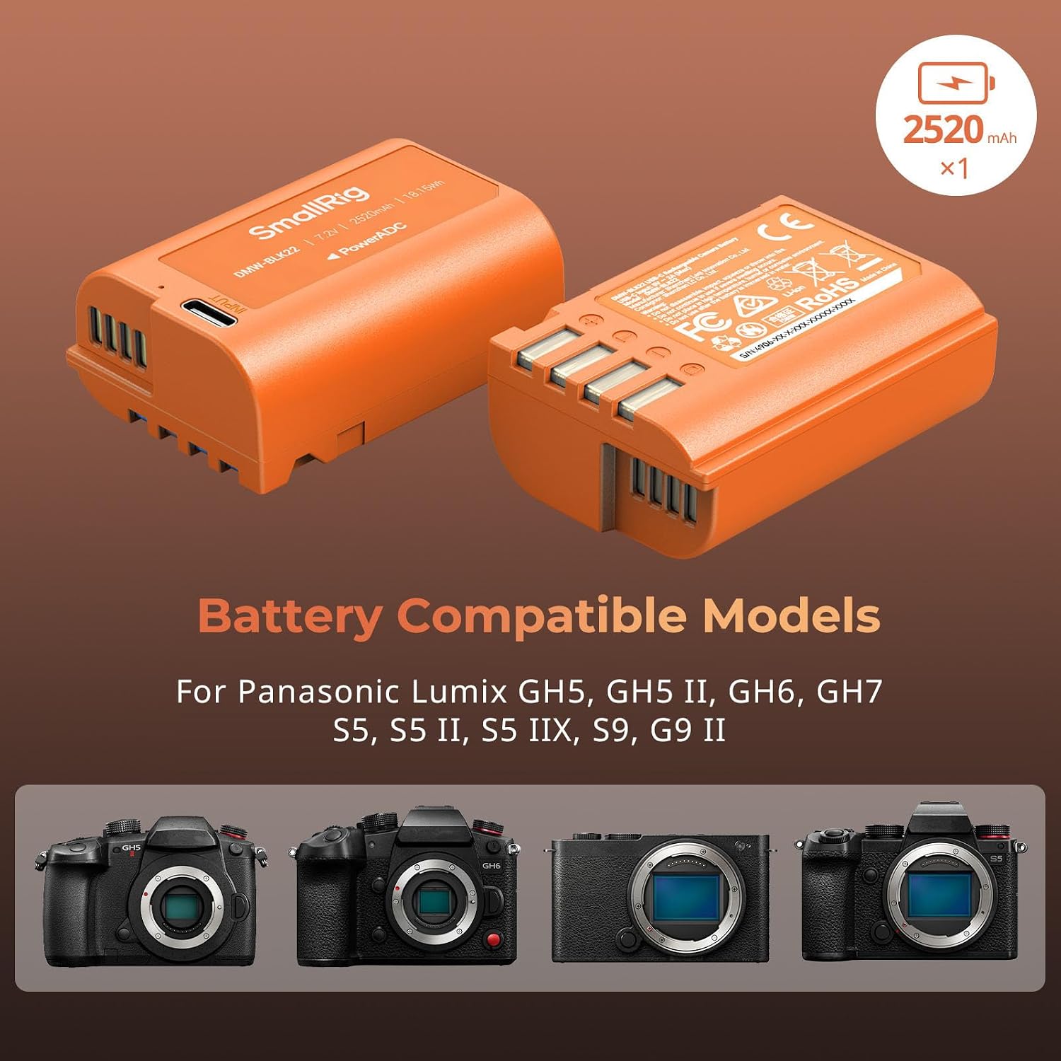 Detalle 2 de SmallRig DMW-BLK22 batteria sostitutiva USB-C da 2520 mAh per Panasonic Lumix (4979) – arancione