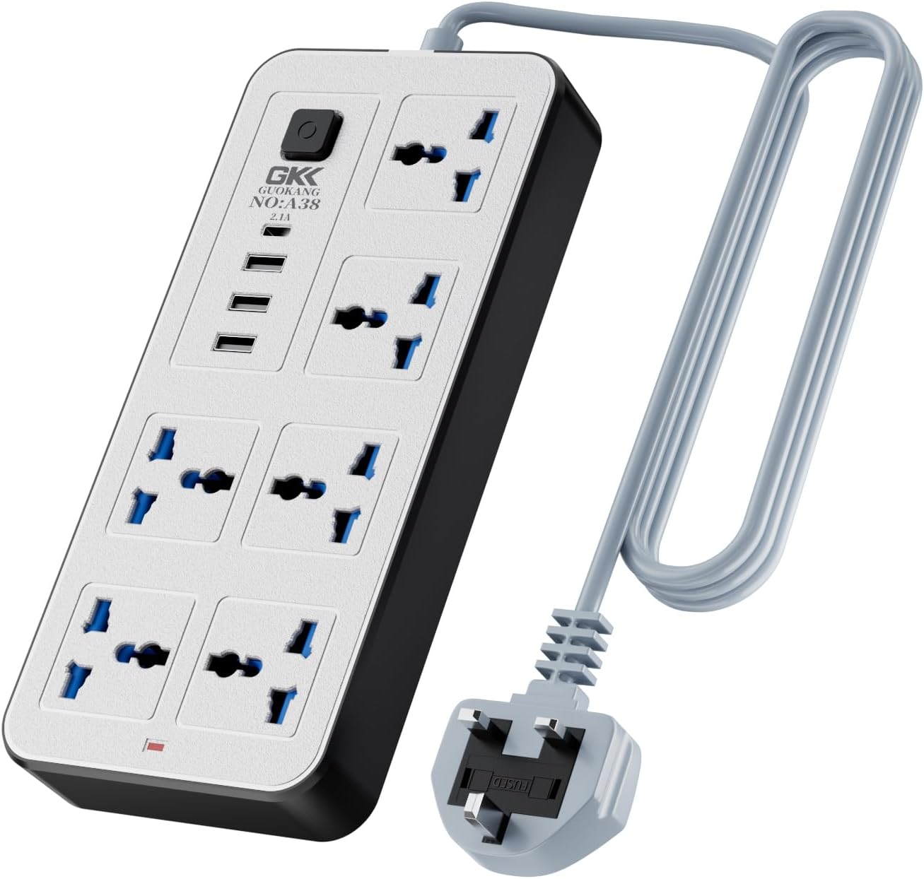 Detalle de UK Power Strip 6-way extension with 3 USB, USB-C and 2500W/10A switch (white)