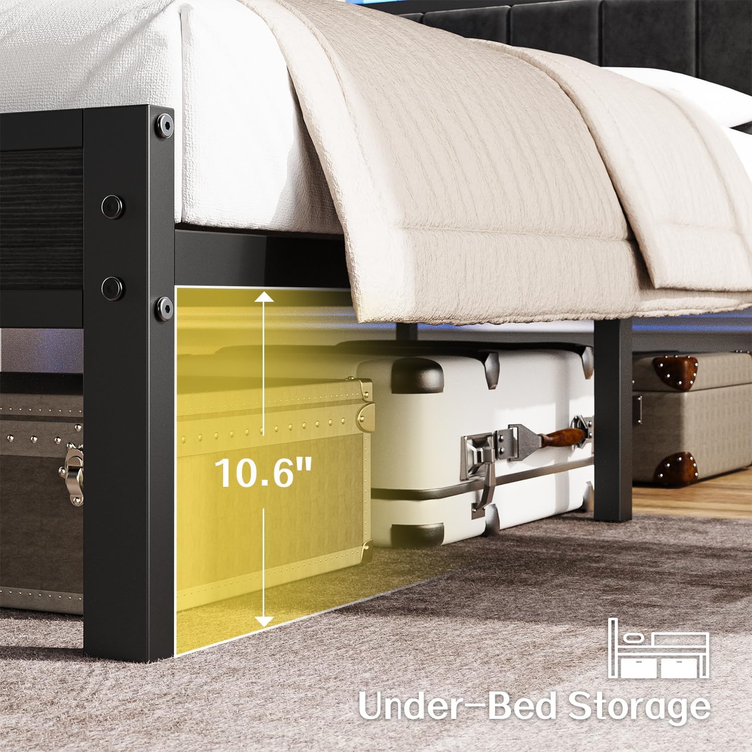 Thumbnail 6 de OLEVS Queen Bed Frame, Metal Platform with RGB LED Lights and Storage Headboard