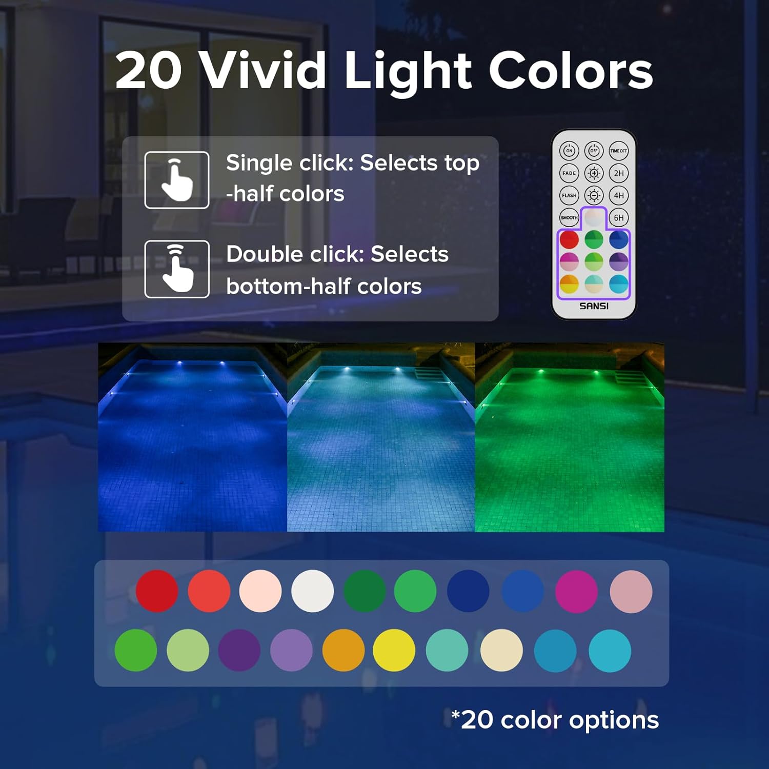 Thumbnail 6 de SANSI Unterwasser Licht mit Fernbedienung – 2er-Set, 20 RGB Farben, IP68, Magneten & Saugnäpfe