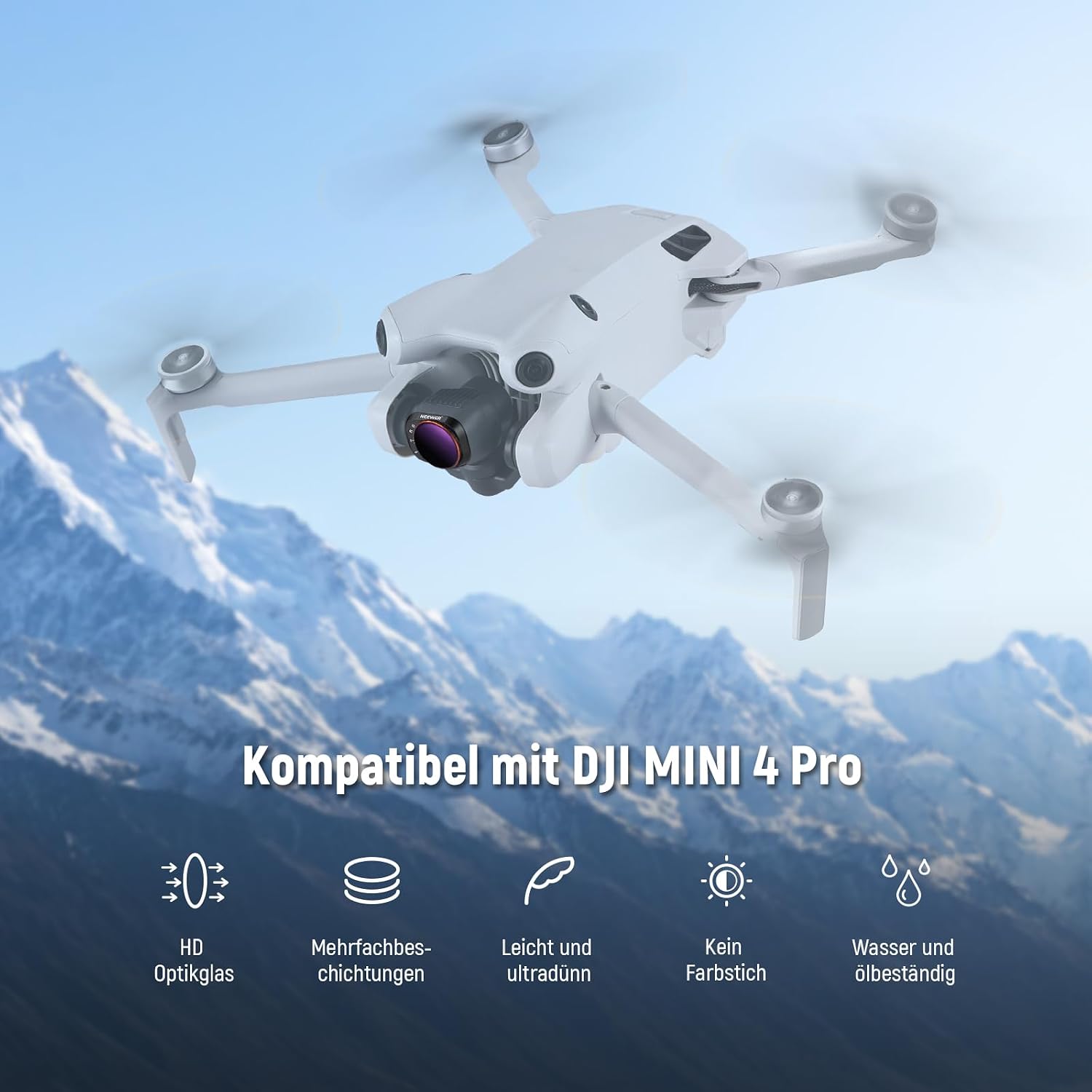 Thumbnail 1 de NEEWER Variabler ND Filter für DJI Mini 4 Pro – ND64-512, 6–9 Stops, HD-Glas, Snap-On