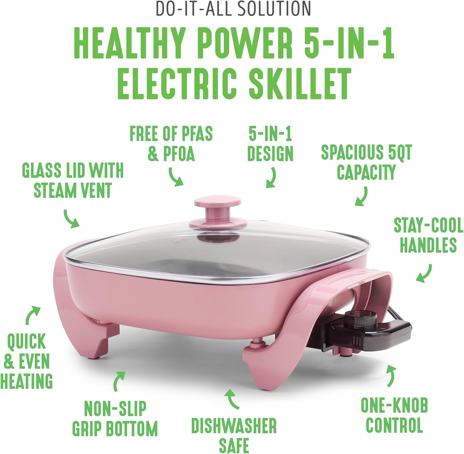 Detalle de GreenLife 12" Square Electric Skillet with Glass Lid