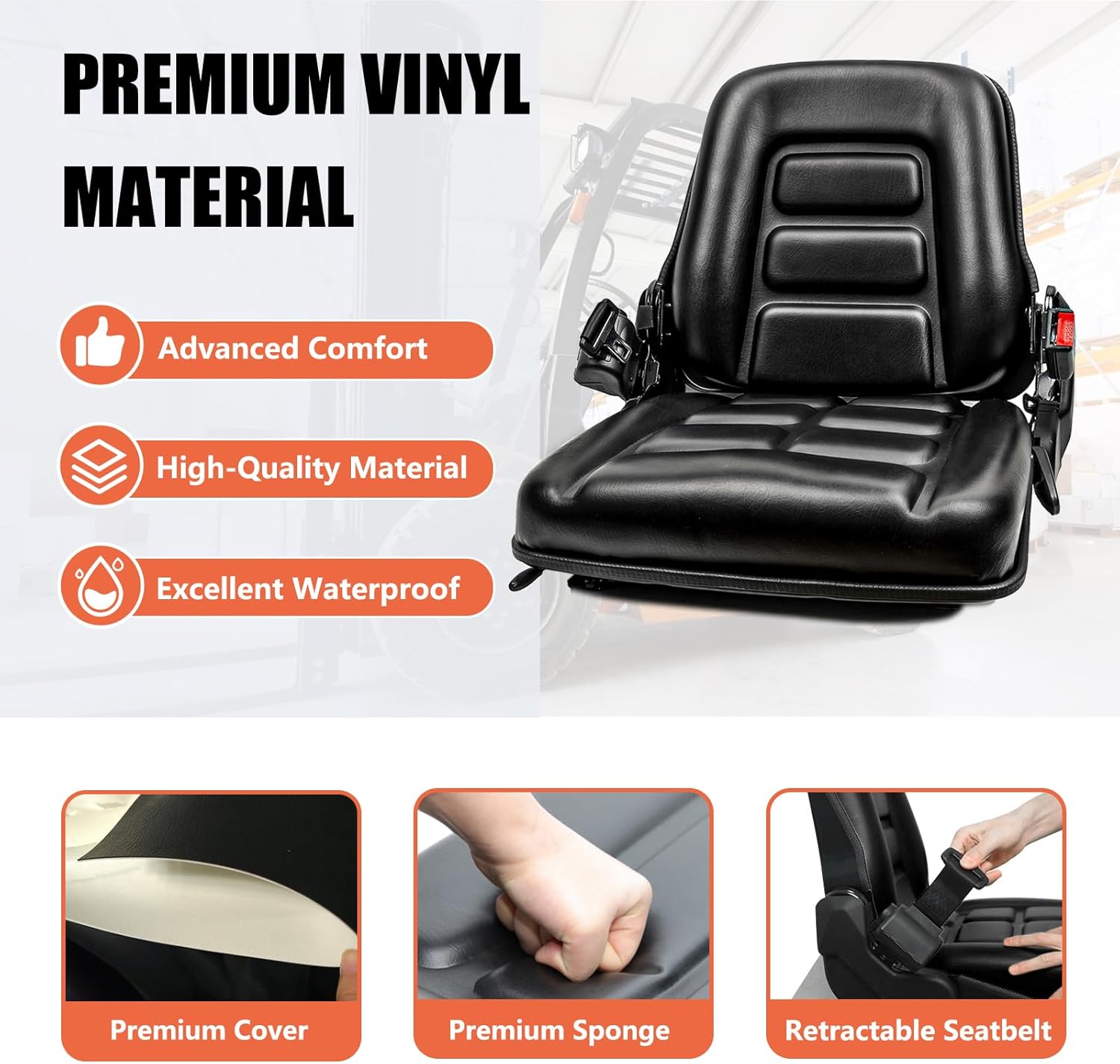 Detalle 2 de TICSEA Universal Forklift Seat — Adjustable Operator Seat with Safety Belt and Position Switch