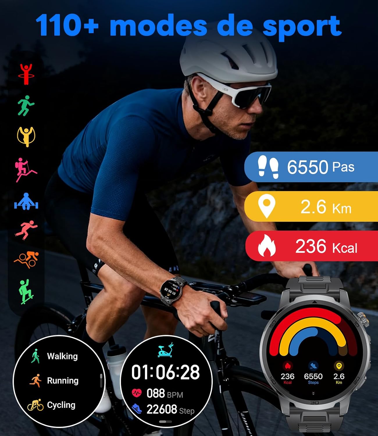 Thumbnail 6 de LIMIGE Montre Connectée Homme EF19 avec lampe torche, écran 1,85" et 110+ modes sportifs