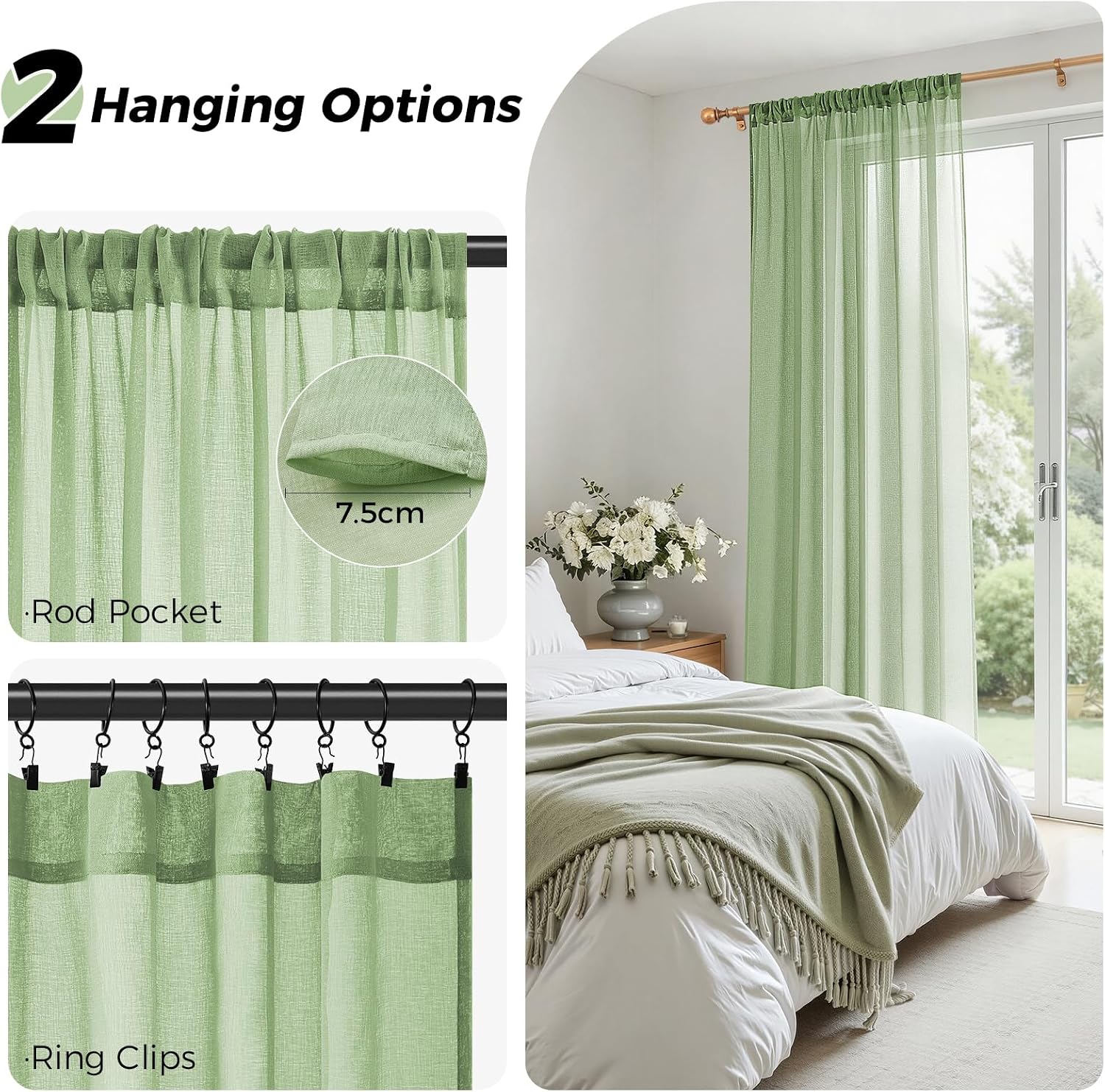 Thumbnail 1 de MRTREES Green Sheer Rod Pocket Curtains, 2 Panels – Sage Green, 140x122 cm (55x48 in) with 48 Inch Drop
