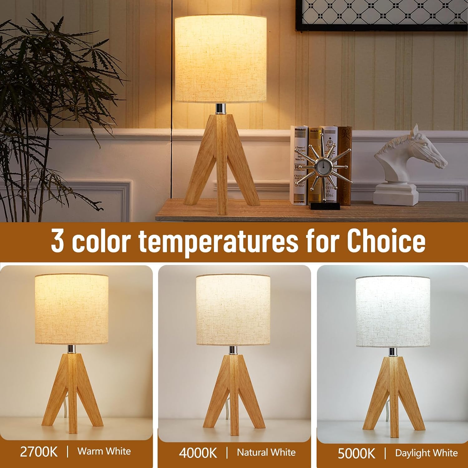 Detalle de Maichixin XLGZ-T1-005XX Wooden Tripod Table Lamps, 2-Pack with 3 Colour Temperatures