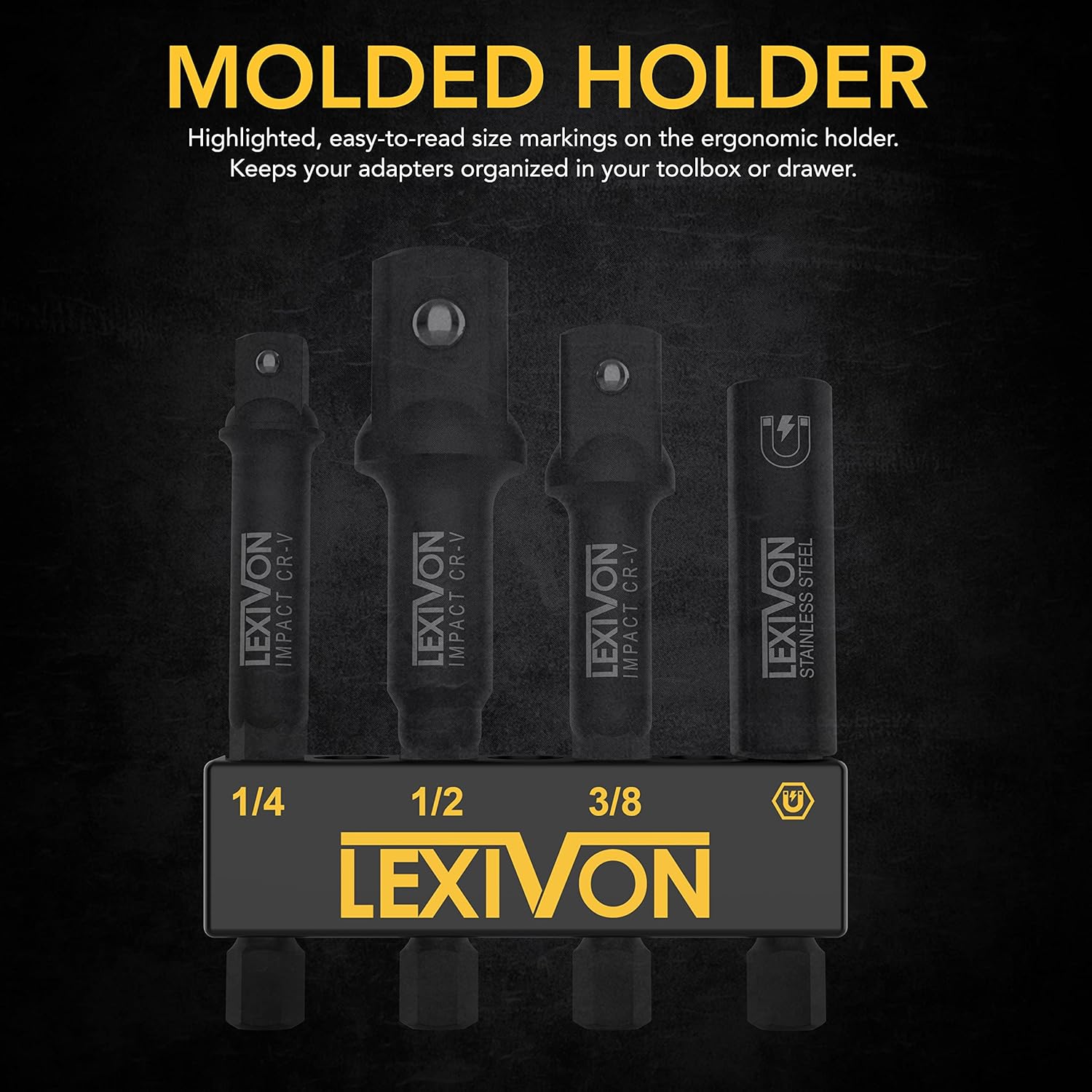 Thumbnail 2 de LEXIVON Impact Stecknuss-Adapter Set (4-teilig) mit Magnetic Bit-Halter: 1/4", 3/8" und 1/2" Drive auf 1/4" Hex Schaft