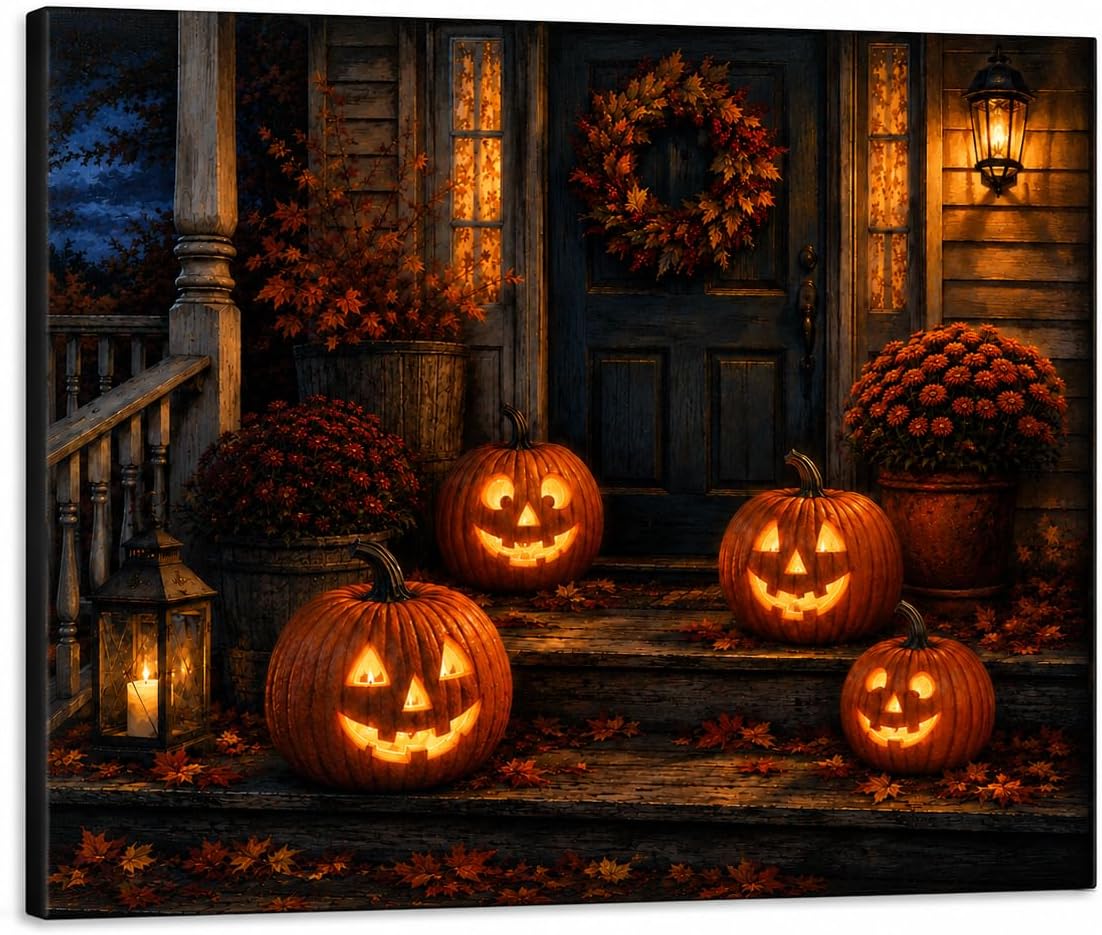 Detalle de VYPEROCK Jack-o'-Lantern Porch Canvas Wall Art, 16 x 20-Inch Landscape