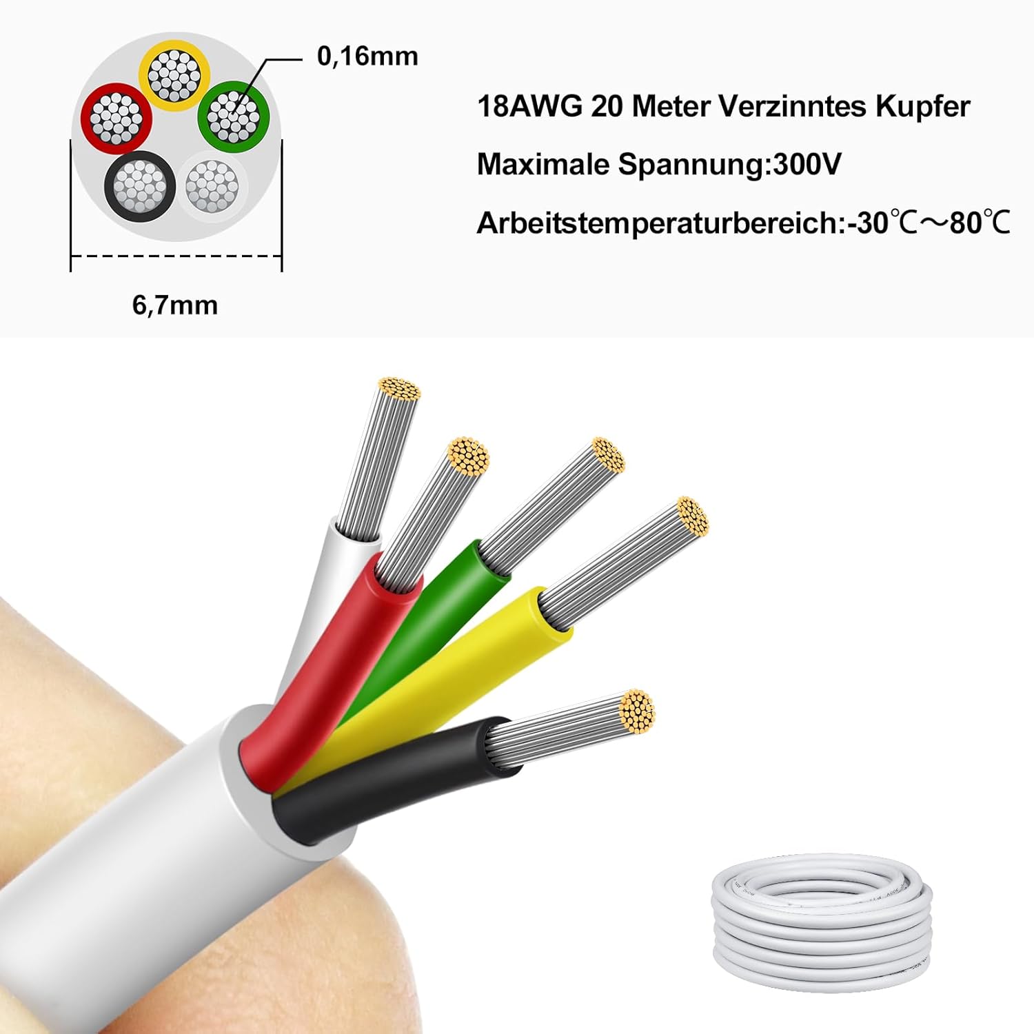 Detalle de 20 Meter 18AWG 5x0,75mm² verzinntes Kupferkabel | 5‑adriges Niederspannungskabel, flexibel, 300 V