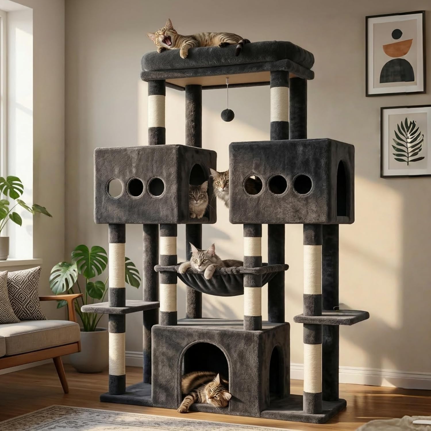 Detalle de Hey-brother Arbre à Chat MPJ083G — Tour de Jeux Multiniveaux 144 cm pour Maine Coon