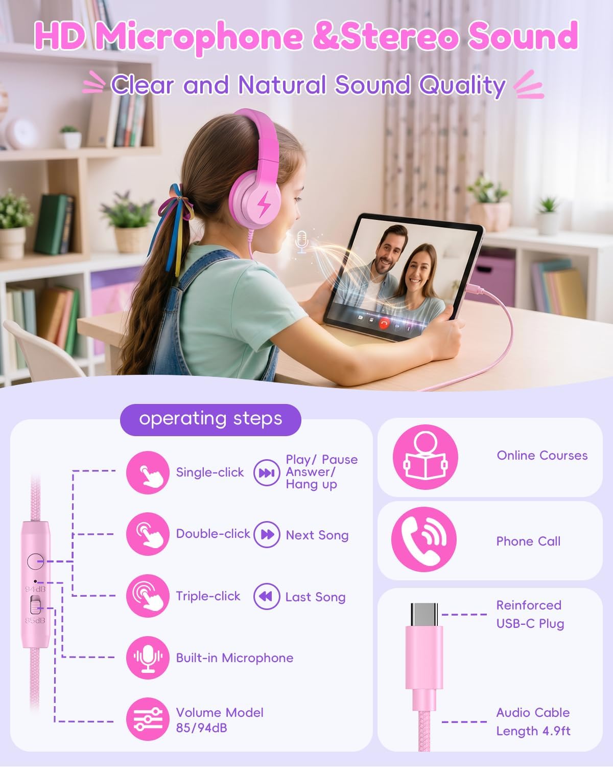 Detalle de Candy Bila USB-C Kids Headphones for School (85dB, Gradient Rose Pink)