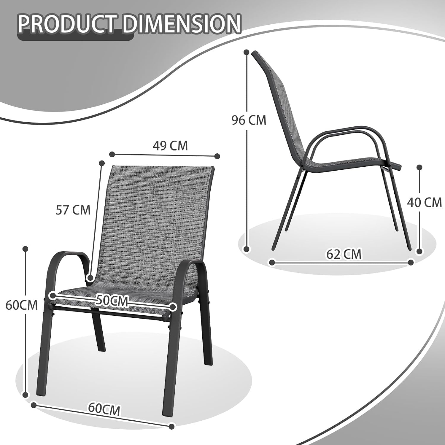 Thumbnail 2 de UDPATIO Set di 4 Sedie da Giardino Impilabili – 62 x 67 x 96 cm, schienale alto e braccioli, Tessuto Textilene, struttura in metallo (Grigio)