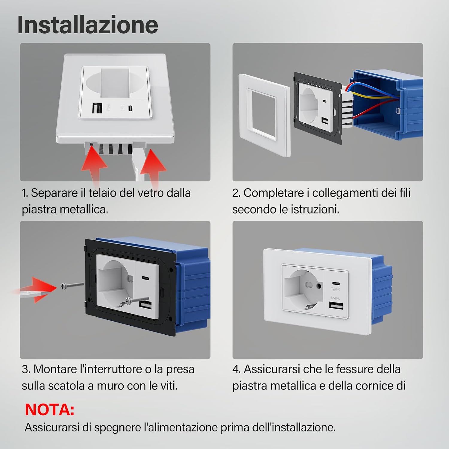 Detalle de BSEED Presa Schuko e Presa Italiana con USB-A e Type-C 118 mm: potenza e compatibilità per la casa italiana