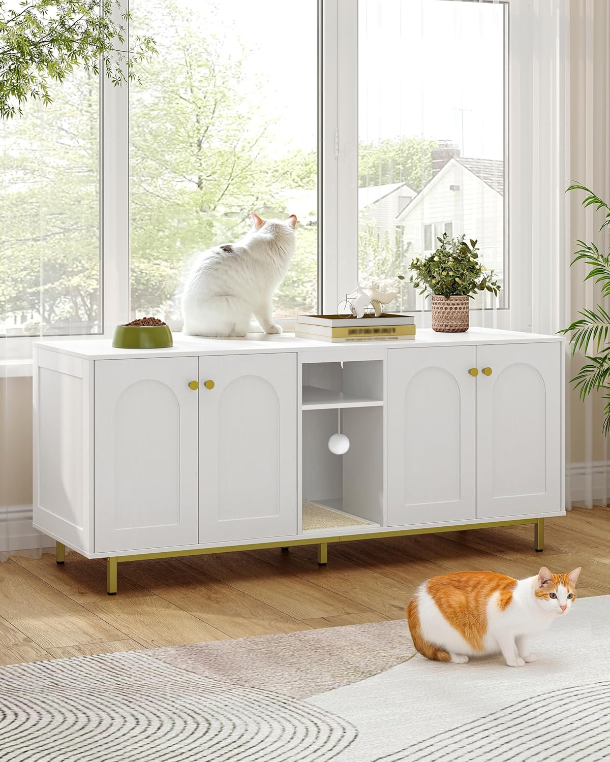 Thumbnail 1 de Hzuaneri Meuble litière pour 2 chats CB86513A (140 x 48 x 62 cm) blanc et or