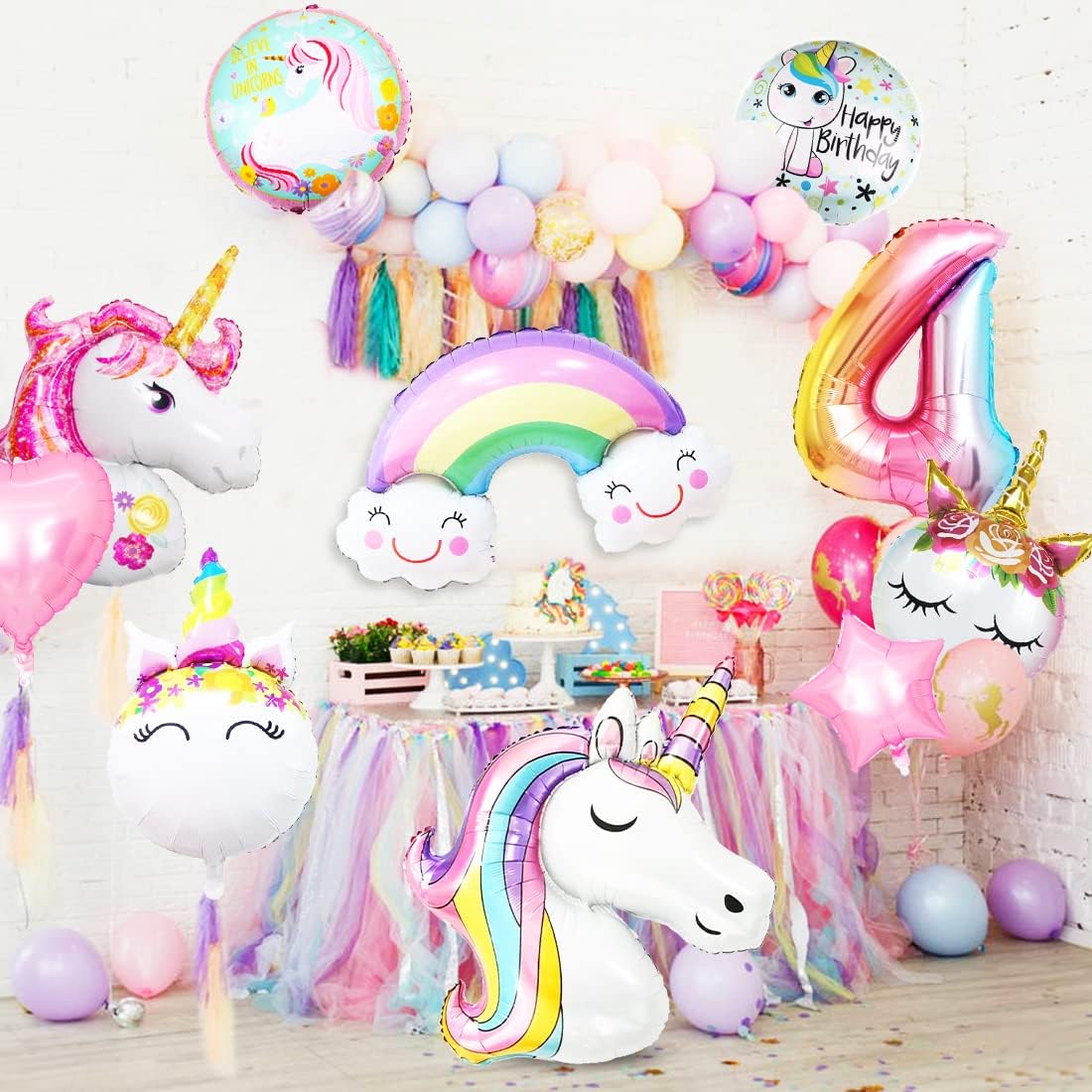 Thumbnail 6 de Décoration d’anniversaire licorne 4 Ans – Ballons aluminium n°4 et ballons géants licorne (ensemble)