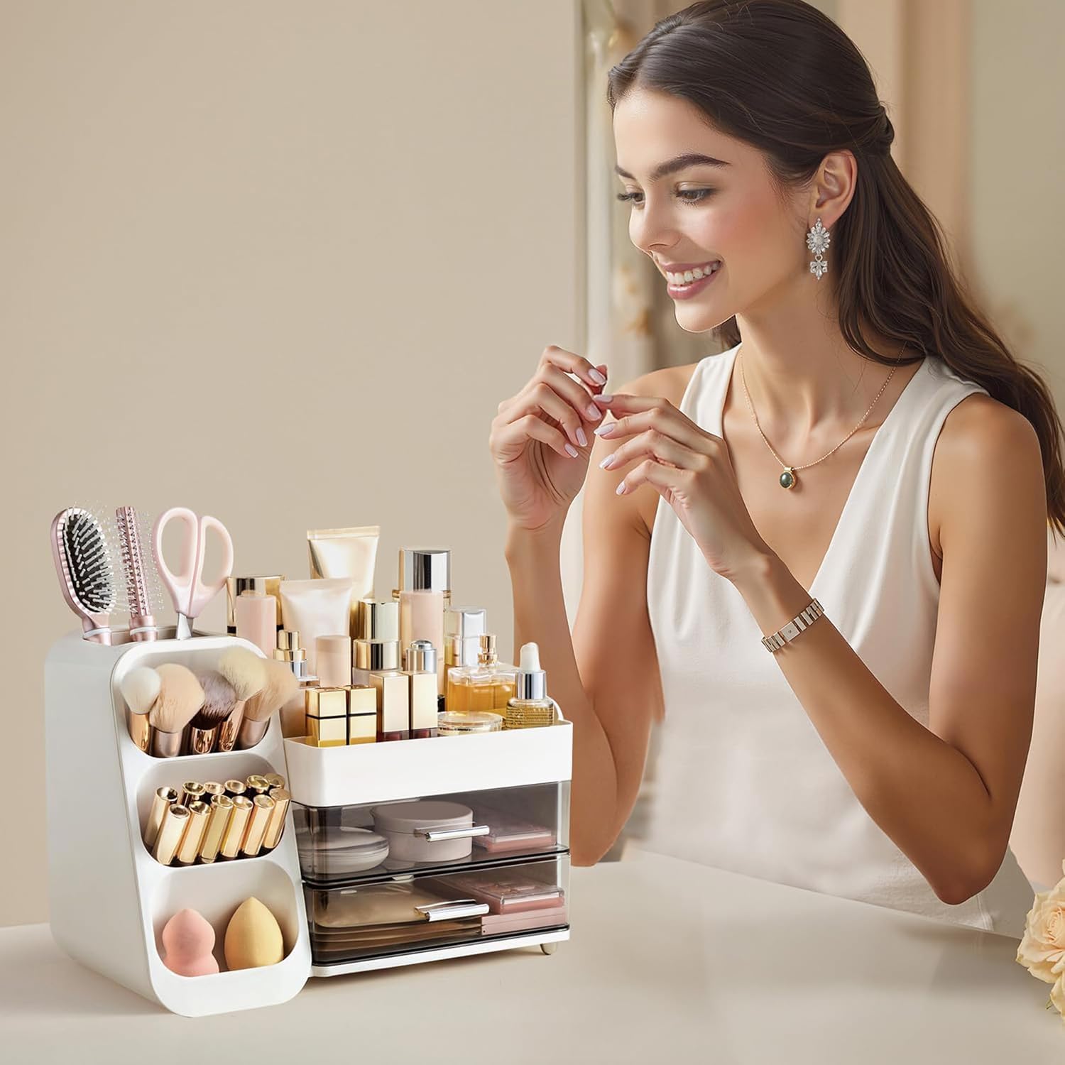 Detalle 2 de HBlife Makeup Kosmetik Organizer mit Schubladen – 3-in-1 Aufbewahrung für Pinsel, Paletten und Flaschen