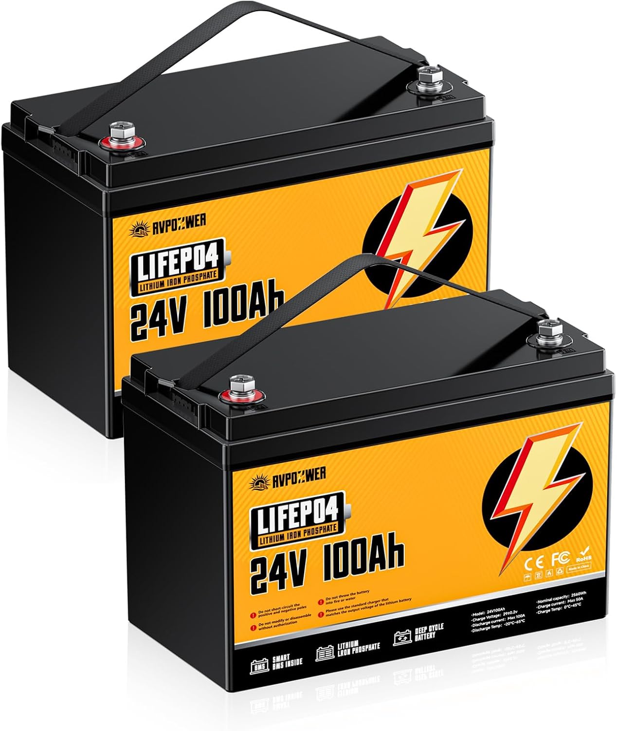 Detalle de Rvpozwer 24V100Ah LiFePO4 Battery, 2-Pack with 100A BMS and 2560W Output