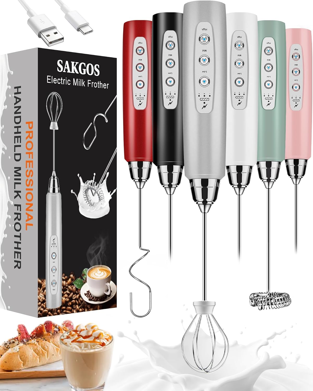 Sakgos Rechargeable Handheld Milk Frother Wand (3 Speeds, Type-C, 3 Stainless Whisks)