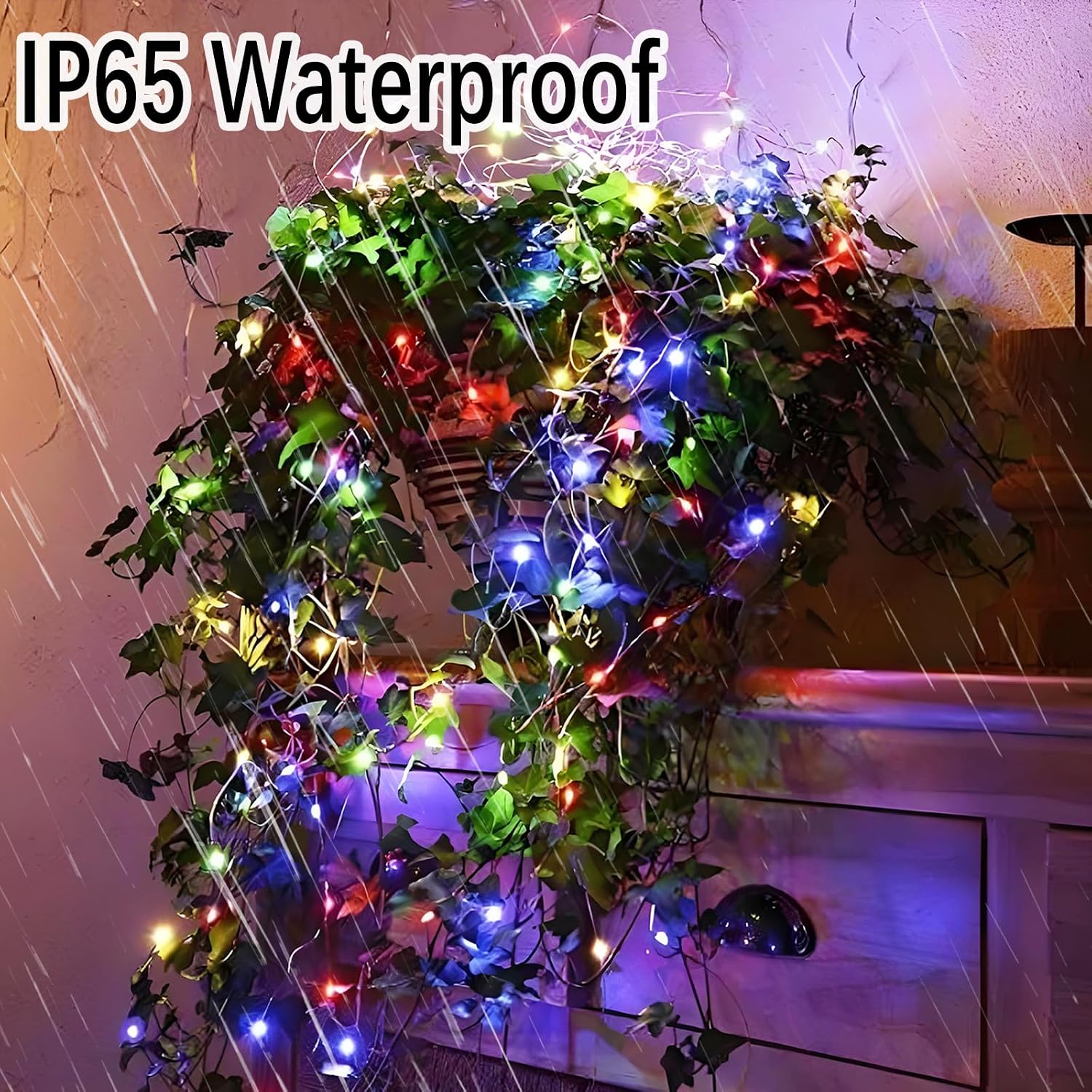 Detalle de Meision Solar Lichterkette Außen 10 m – 100 LEDs, Kupferdraht, IP65, Timer & Fernbedienung (2er Set)