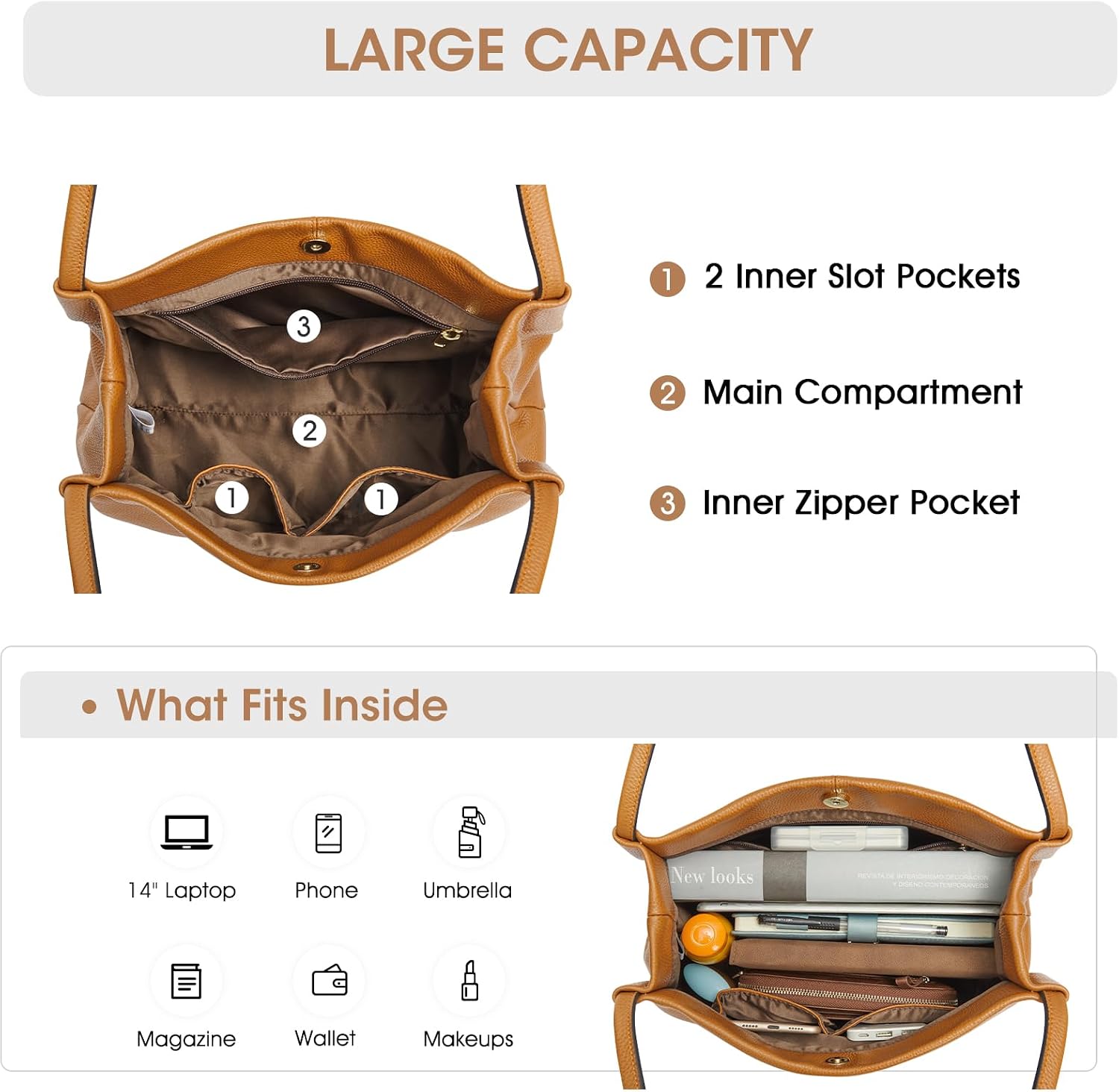 Thumbnail 4 de Kattee Soft Leather Tote Bag for Women – Genuine Top Layer Cowhide, Magnetic Closure, Roomy Hobo Shoulder Bag