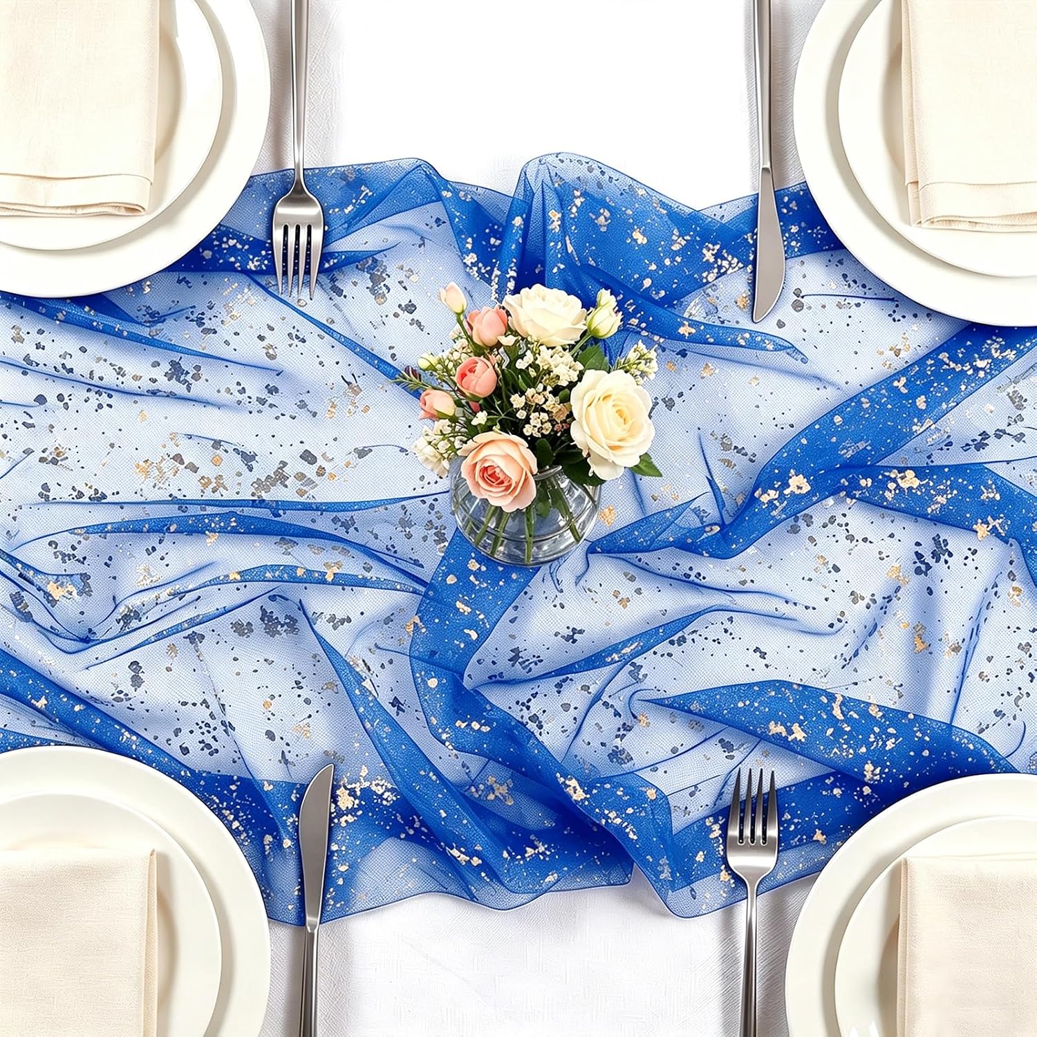 Detalle 2 de Foatcox niebieski bieżnik tiulowy 75 × 300 cm ze złotym motywem liści