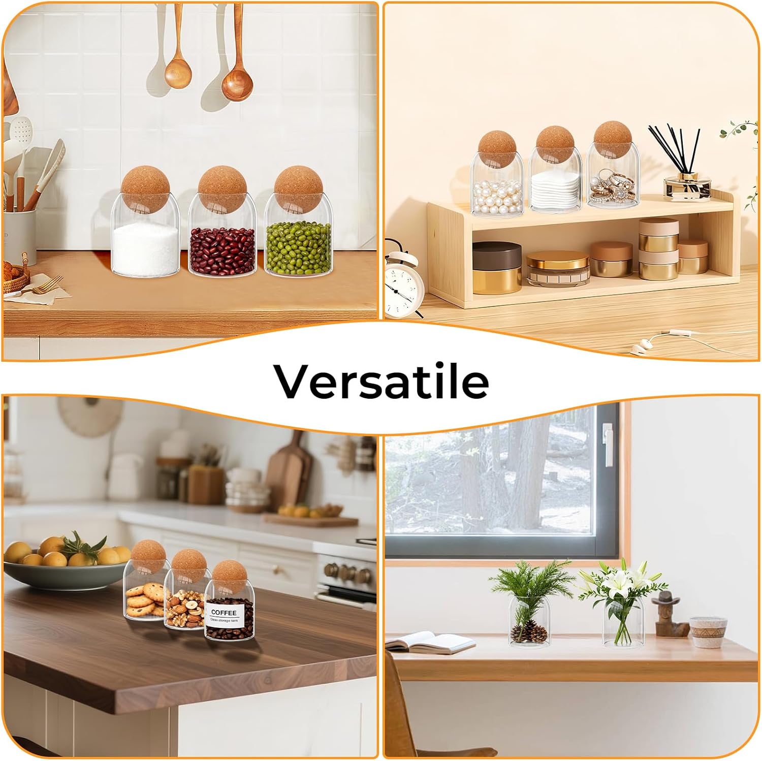 Detalle de Esilihom 3-Pack 500ml Glass Tea, Coffee and Sugar Canisters with Cork Ball Stoppers