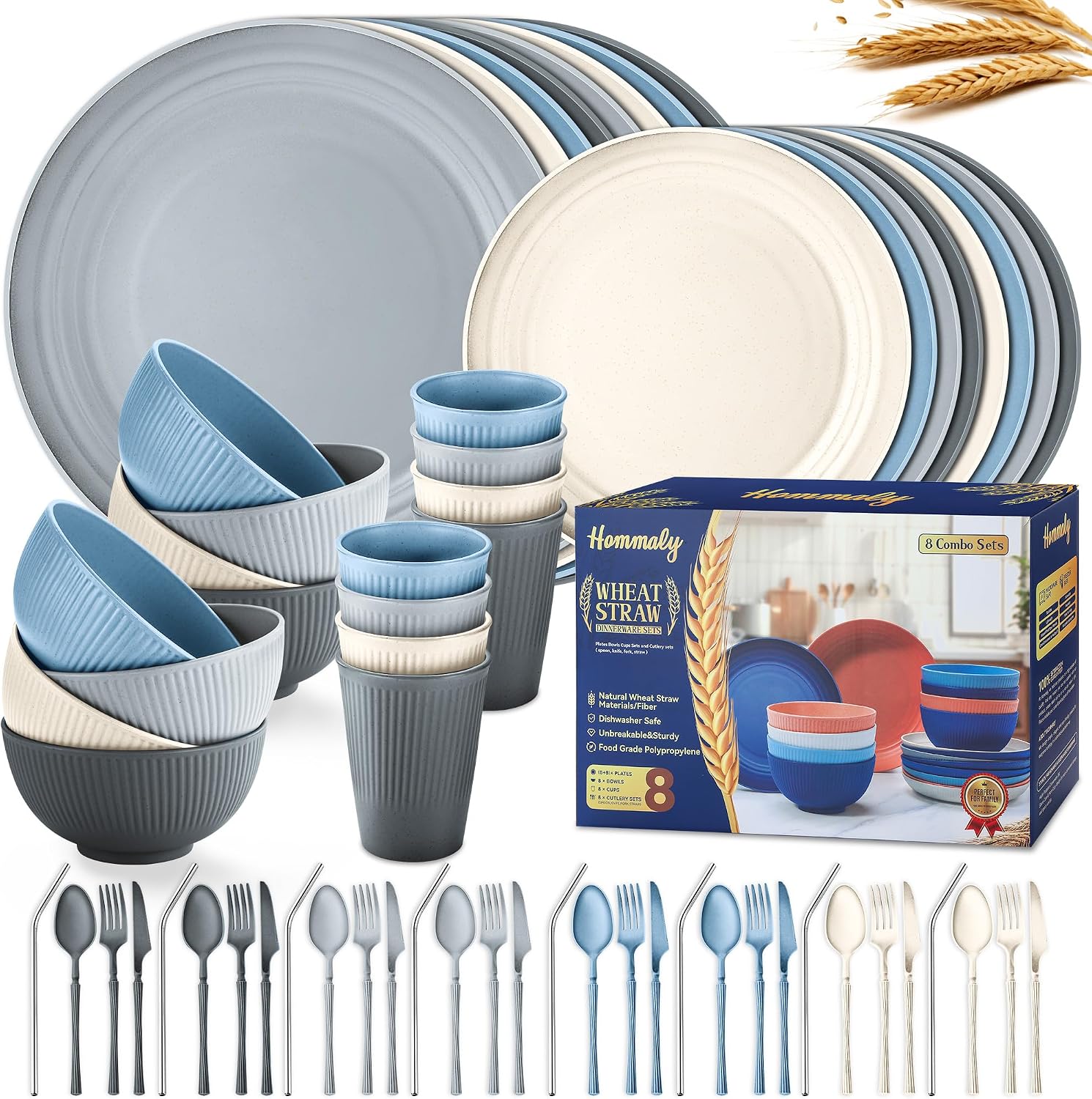 Detalle de Wheat Straw Dinnerware Sets, 64-Piece Seaside Color – Unbreakable, Reusable, Microwave-Safe