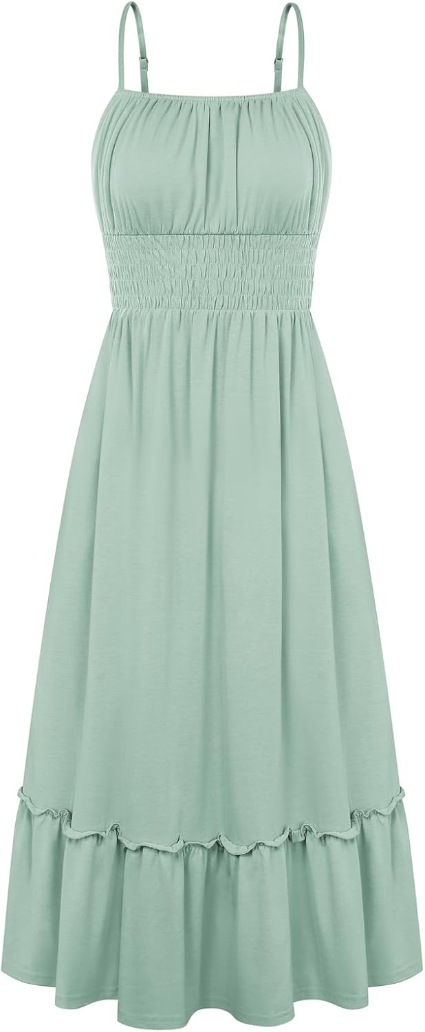 Detalle de GRACE KARIN Women’s Summer Maxi Dress (2026) with Smocked Ruched Bust, Adjustable Straps & Pockets