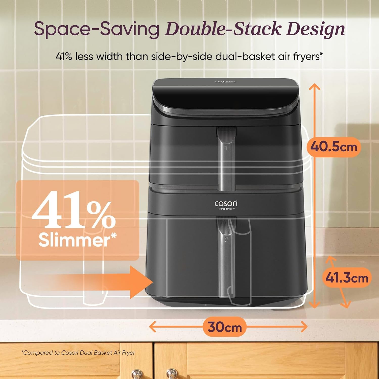 Detalle 2 de Cosori TurboTower Dual Air Fryer 10.8L (Space-Saving Double Stack) – Dual zone tower air fryer for full meals