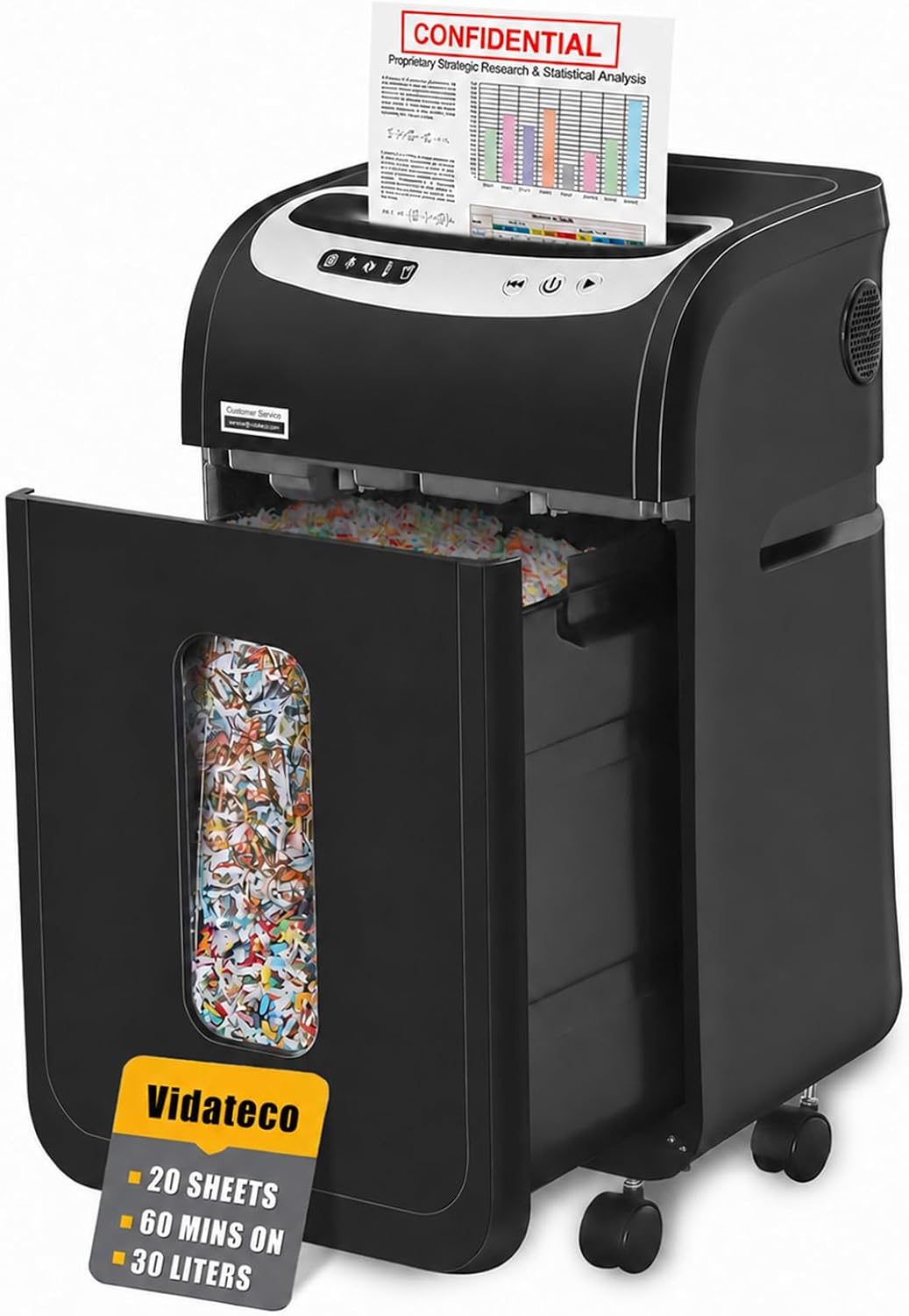 VidaTeco Aktenvernichter für Büro und Homeoffice – P-4 Kreuzschnitt, 20 Blatt, 60 Minuten Dauerbetrieb, leise 58 dB, 30 L Behälter