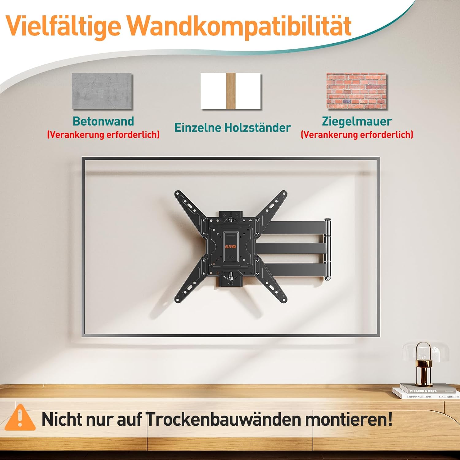 Thumbnail 5 de ELIVED EV1035 Long Extension TV-Wandhalterung (796 mm) für 26–65 Zoll, Full Motion Eck-Wandhalterung bis 45 kg