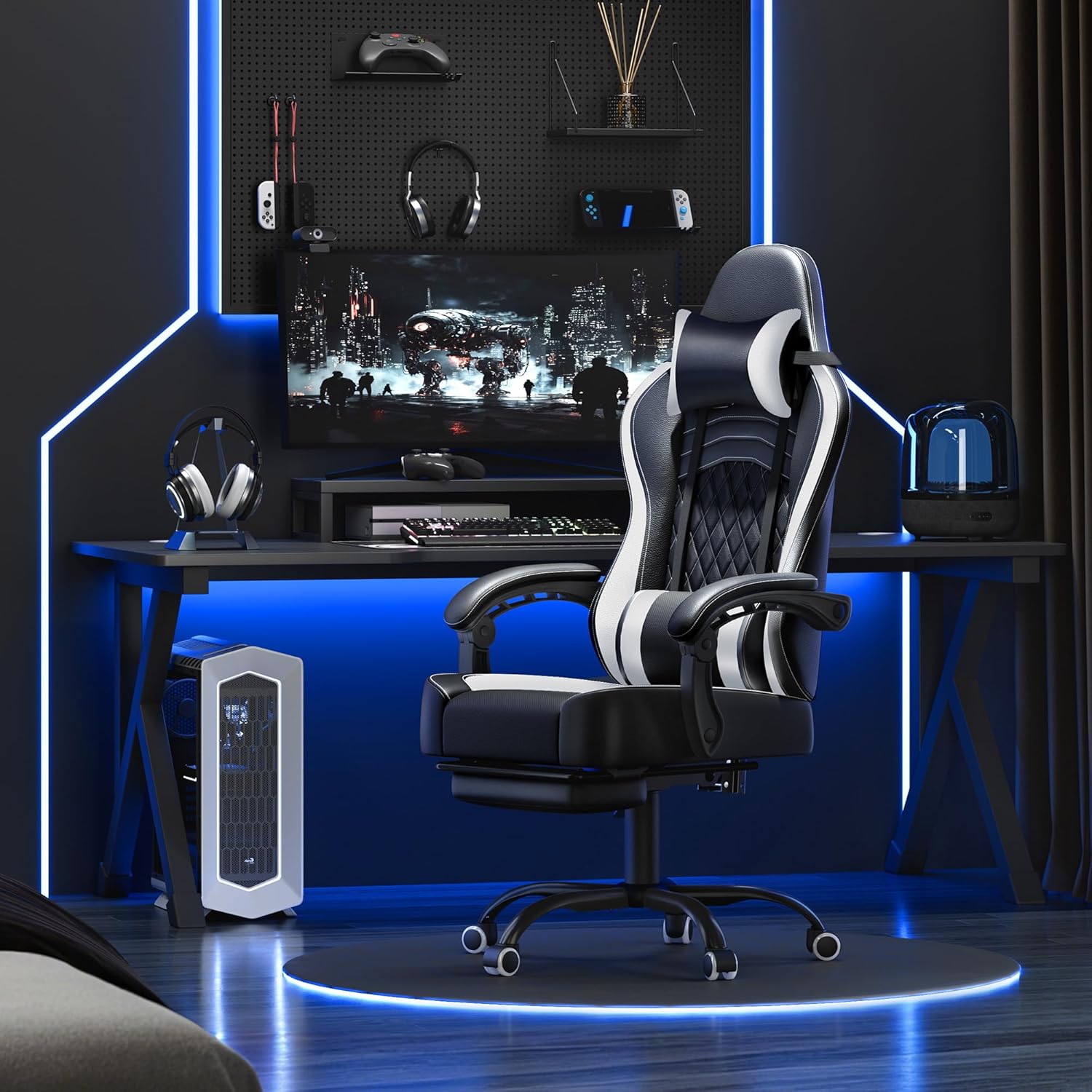 Detalle de Yaheetech Sedia da Gaming Ergonomica con Cuscino Massaggio Lombare – Bianco