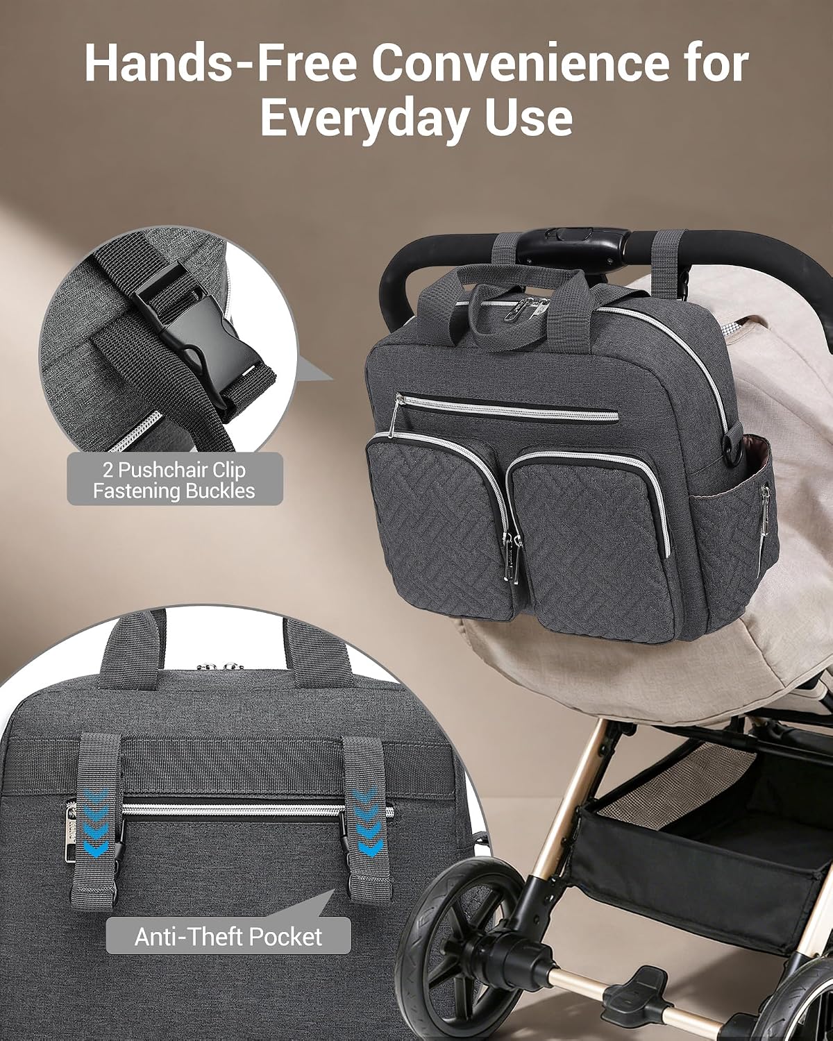 Detalle de Kono Baby Changing Bag: Multifunction Nappy Bag with Insulated Pockets and Stroller Straps